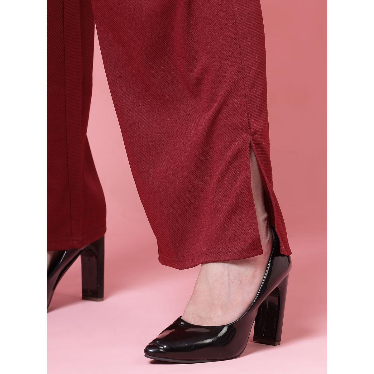 PAUSE Women Maroon Solid Drawstring Waist Wide Leg Pants-women-clothing-bottoms-trousers-image-7