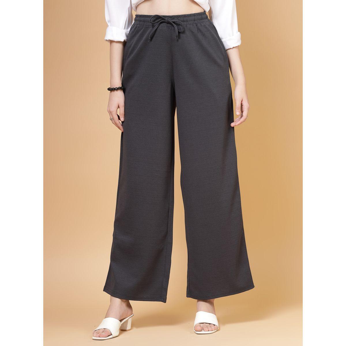 PAUSE Women Grey Solid Drawstring Waist Wide Leg Pants-women-clothing-bottoms-trousers-image-1