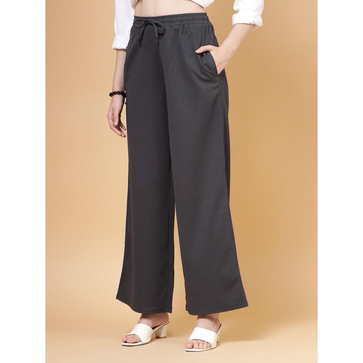 PAUSE Women Grey Solid Drawstring Waist Wide Leg Pants-women-clothing-bottoms-trousers-image-2