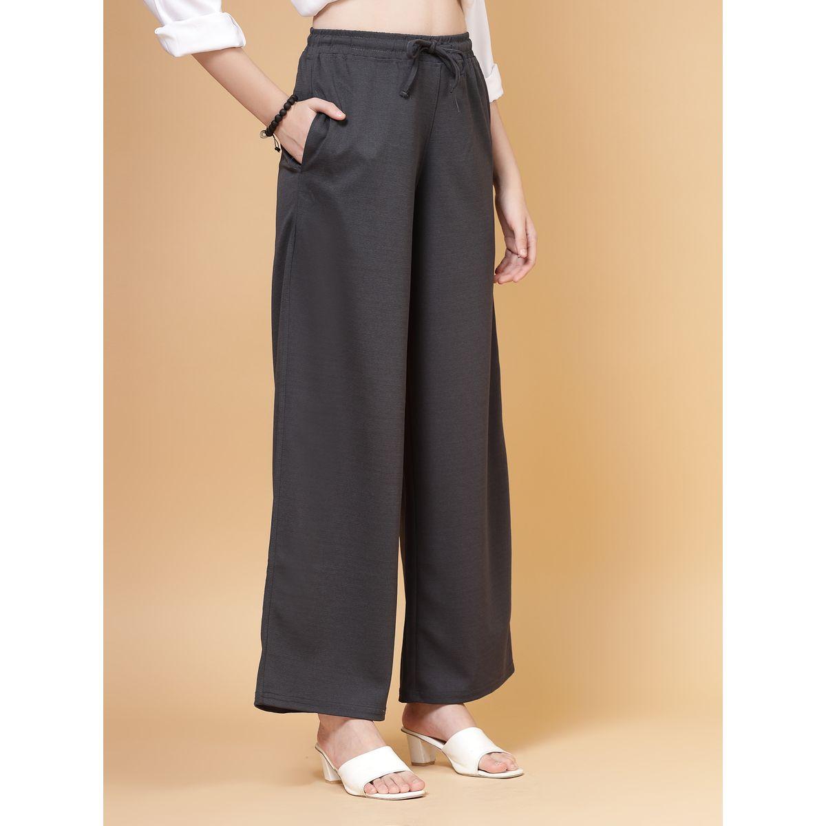 PAUSE Women Grey Solid Drawstring Waist Wide Leg Pants-women-clothing-bottoms-trousers-image-3