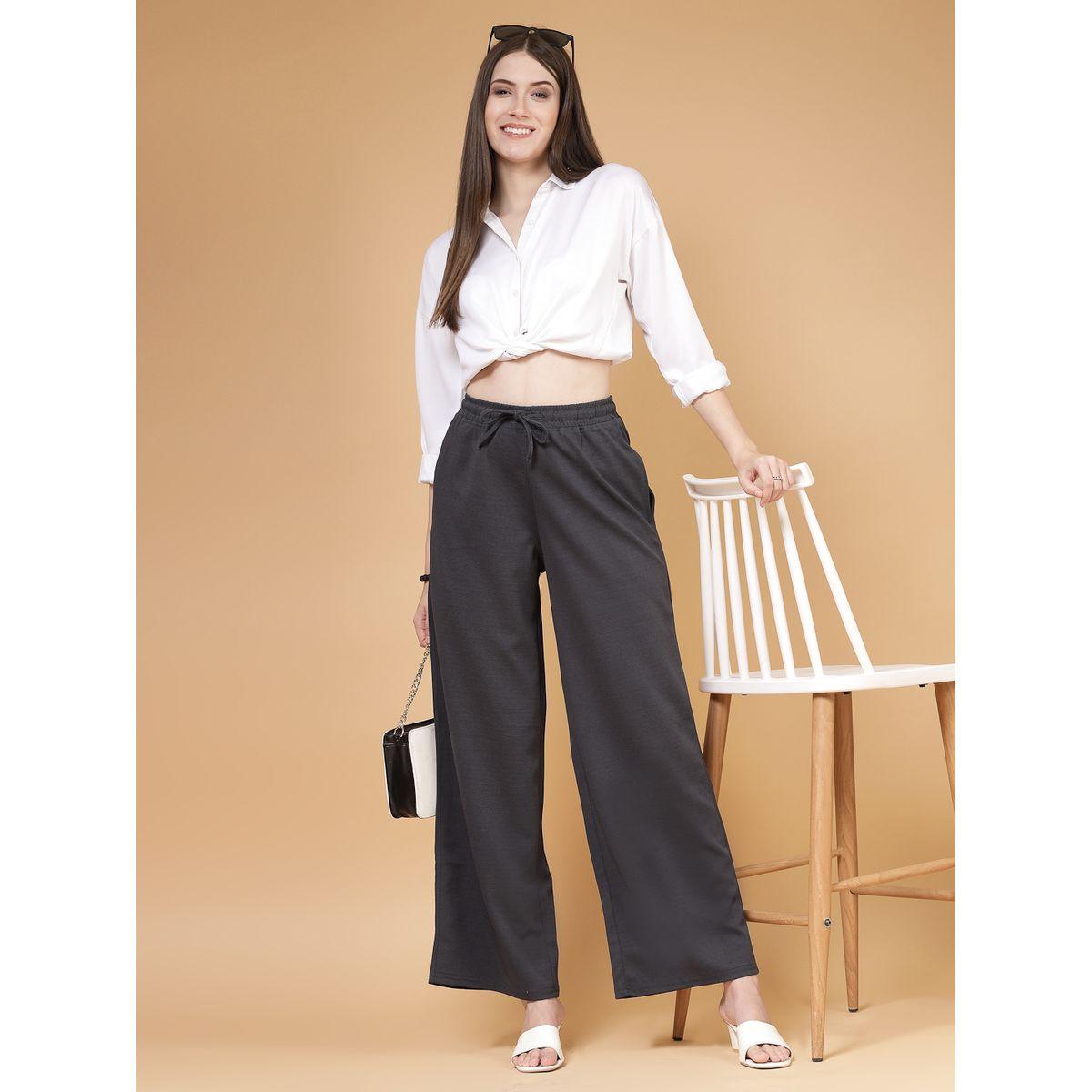 PAUSE Women Grey Solid Drawstring Waist Wide Leg Pants-women-clothing-bottoms-trousers-image-6