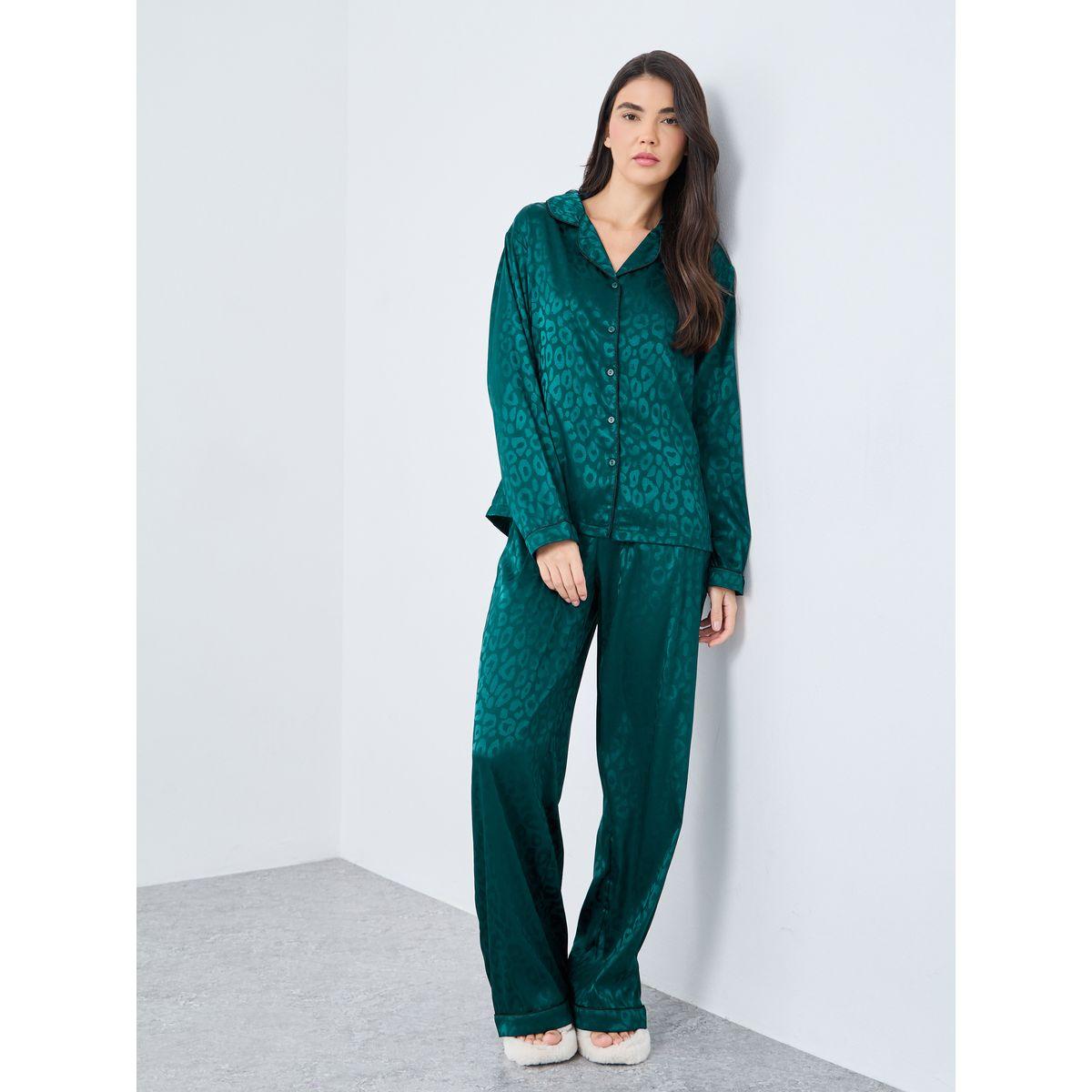 Styli Satin Jacquard Animal Print Shirt and Pyjama Set-women-clothing-nightwear-pyjamas-longsets-image-1