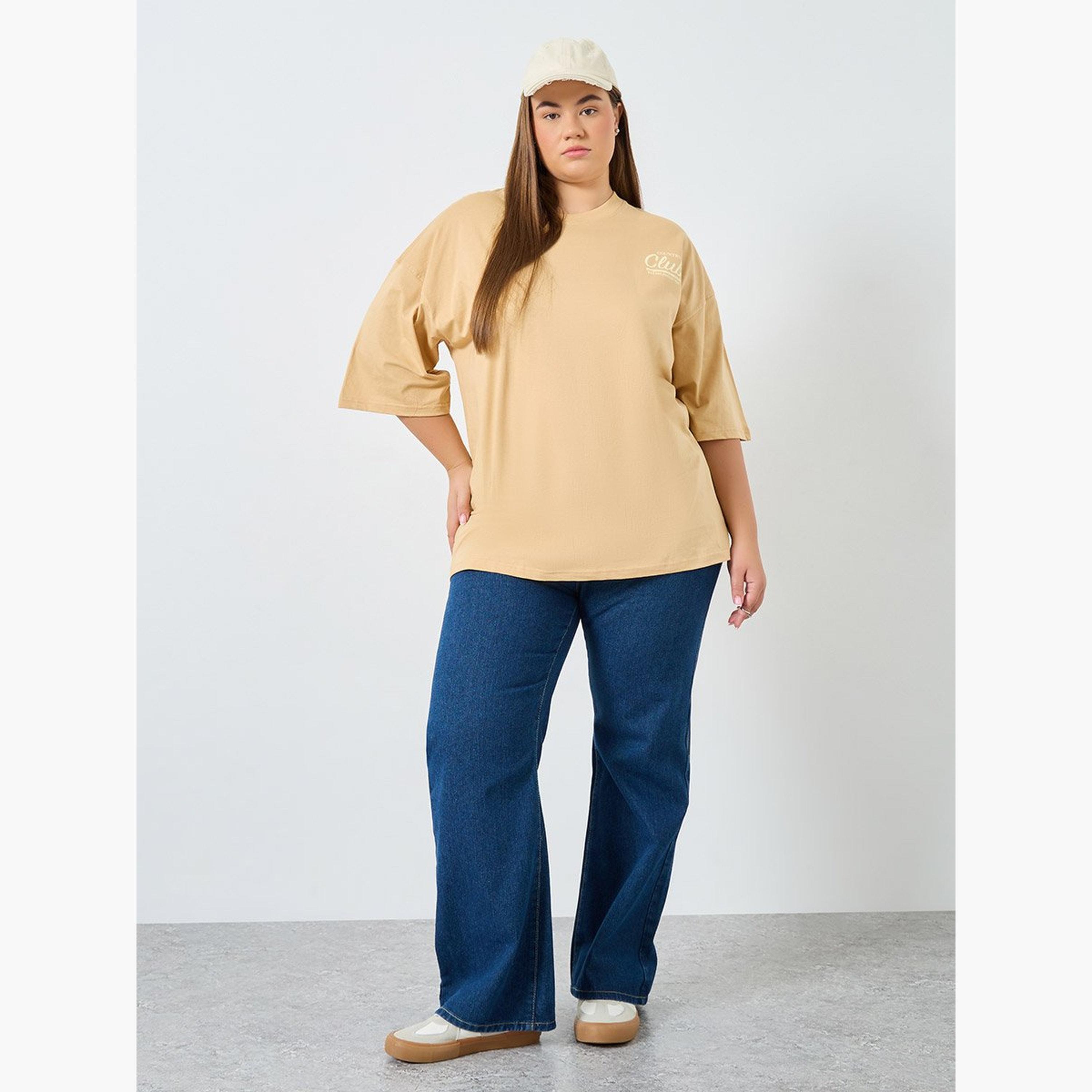 Styli Plus Size Brown Slogan Print T-Shirt-women-clothing-tshirts-image-3