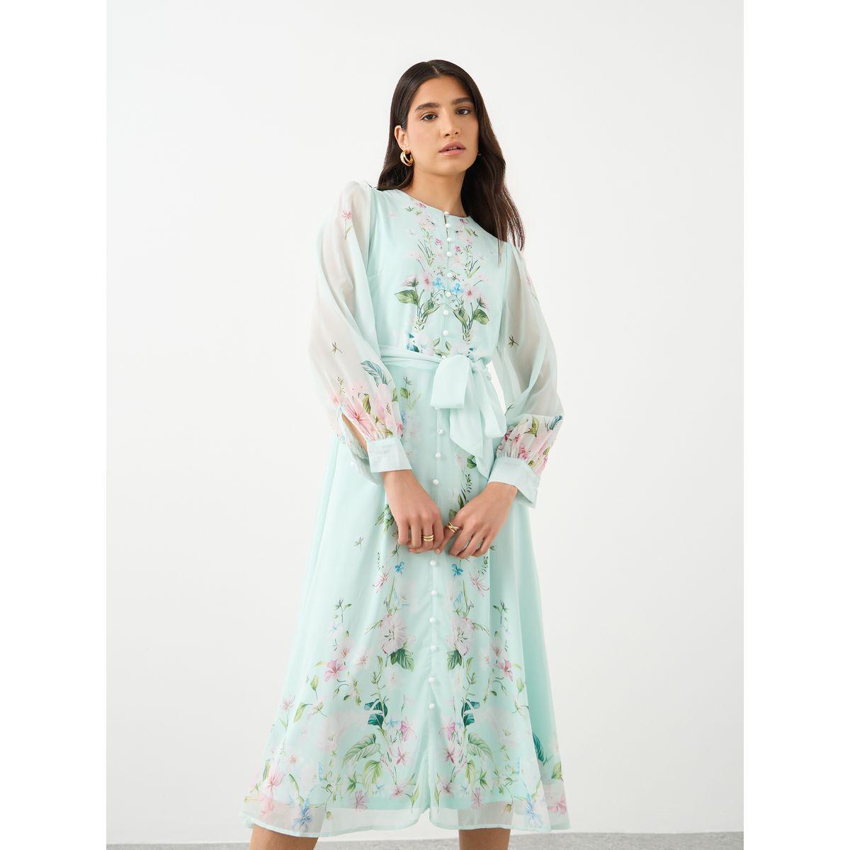فستان ميدي بطبعة زهور مع تفاصيل ربطة خصر-women-clothing-dresses-image-3