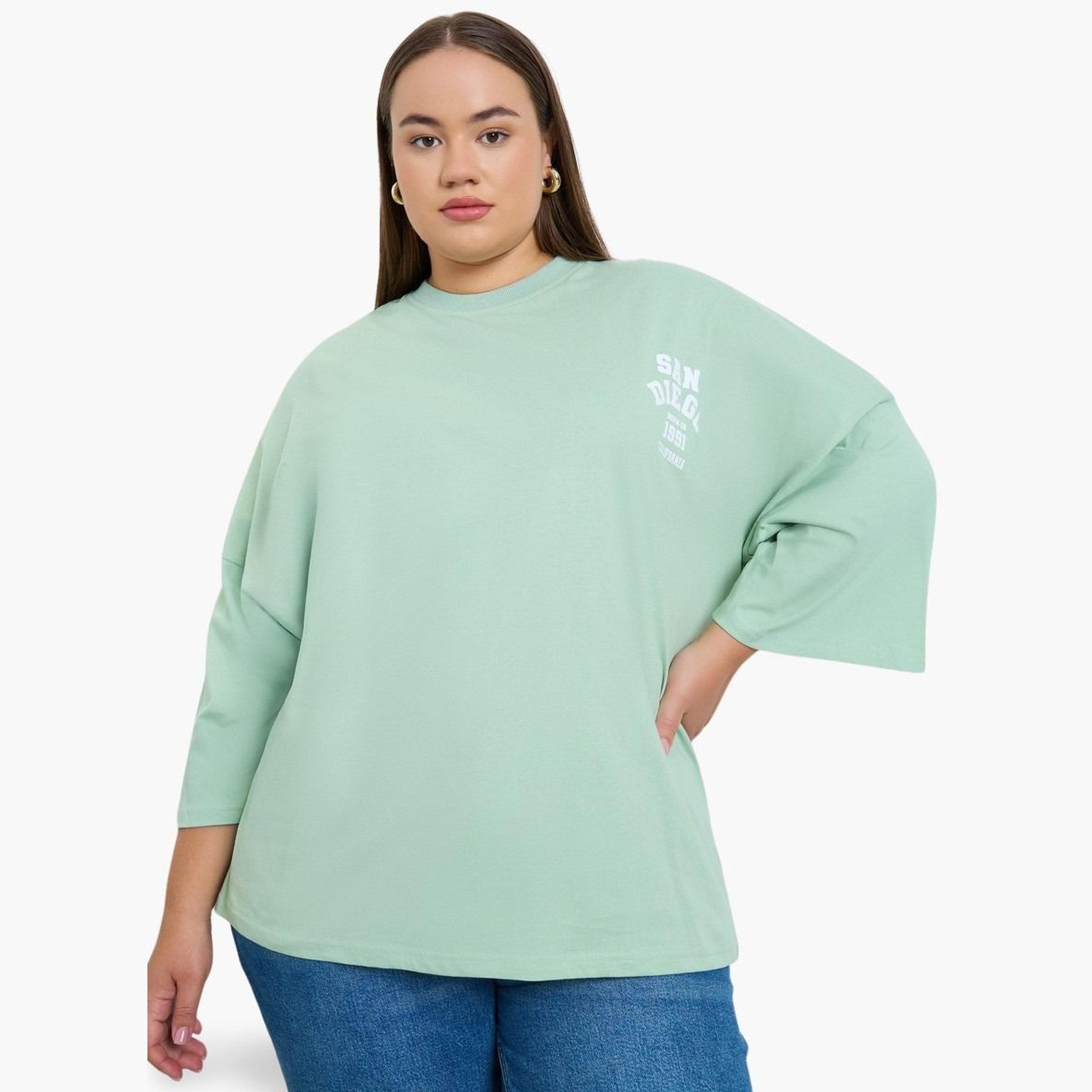 Styli Plus Size Green Oversized Graphic T-Shirt-women-clothing-tshirts-image-1