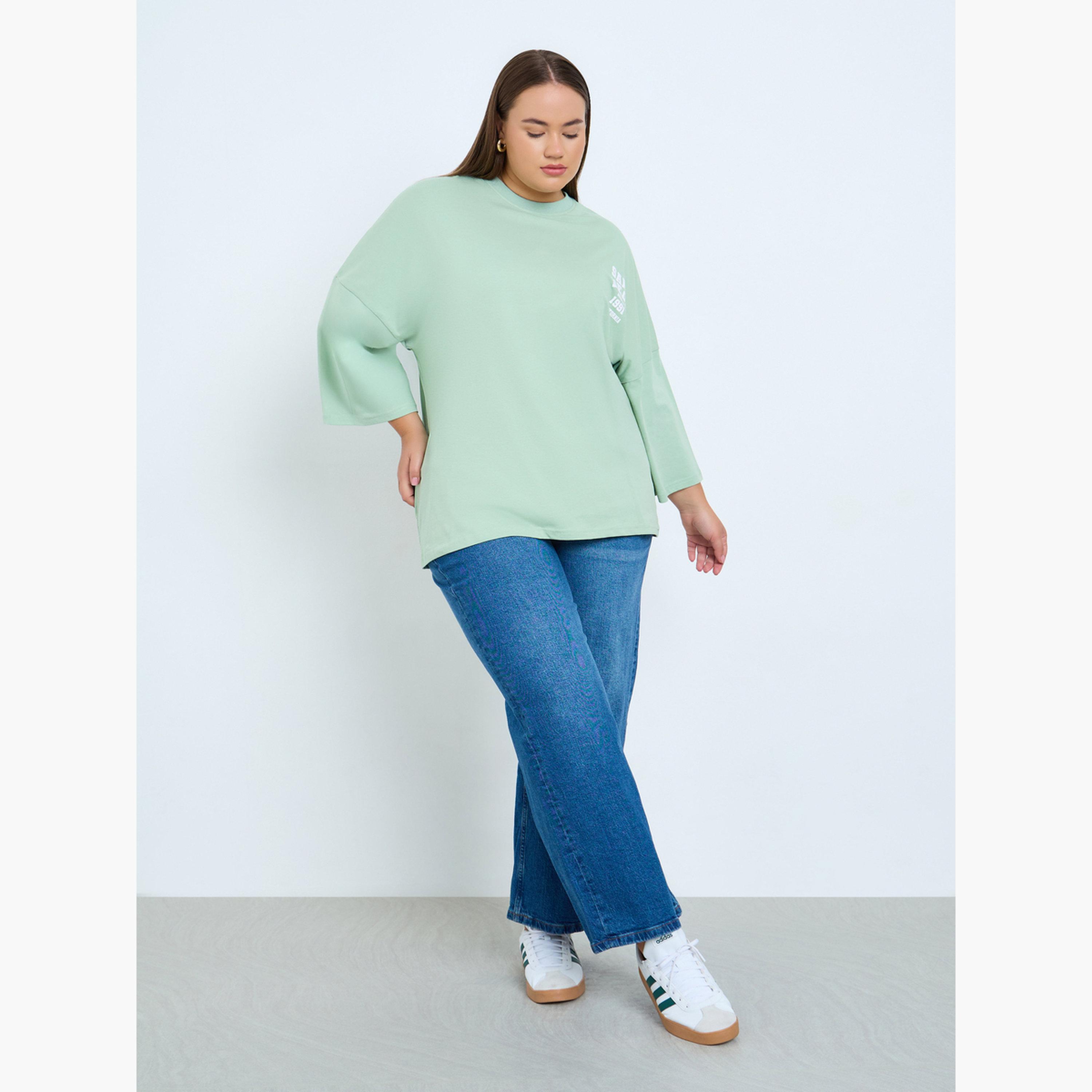 ستايلي - تي شيرت أخضر مقاس واسع برسومات غرافيكية-women-clothing-tshirts-image-2
