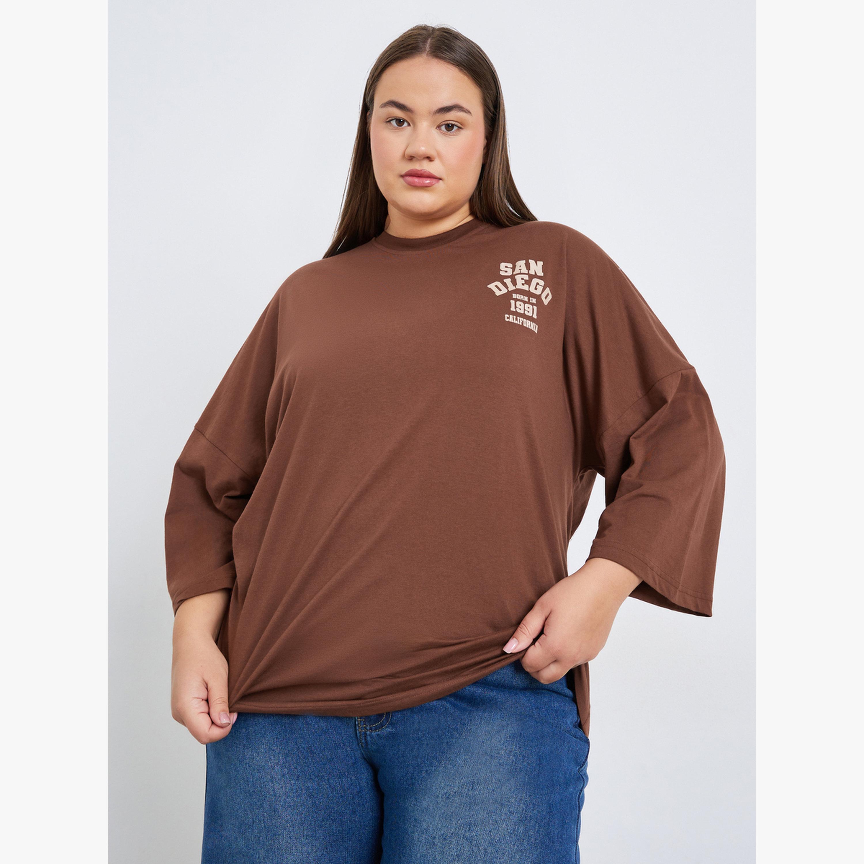 Styli Plus Size Brown Oversized Graphic T-Shirt-women-clothing-tshirts-image-1