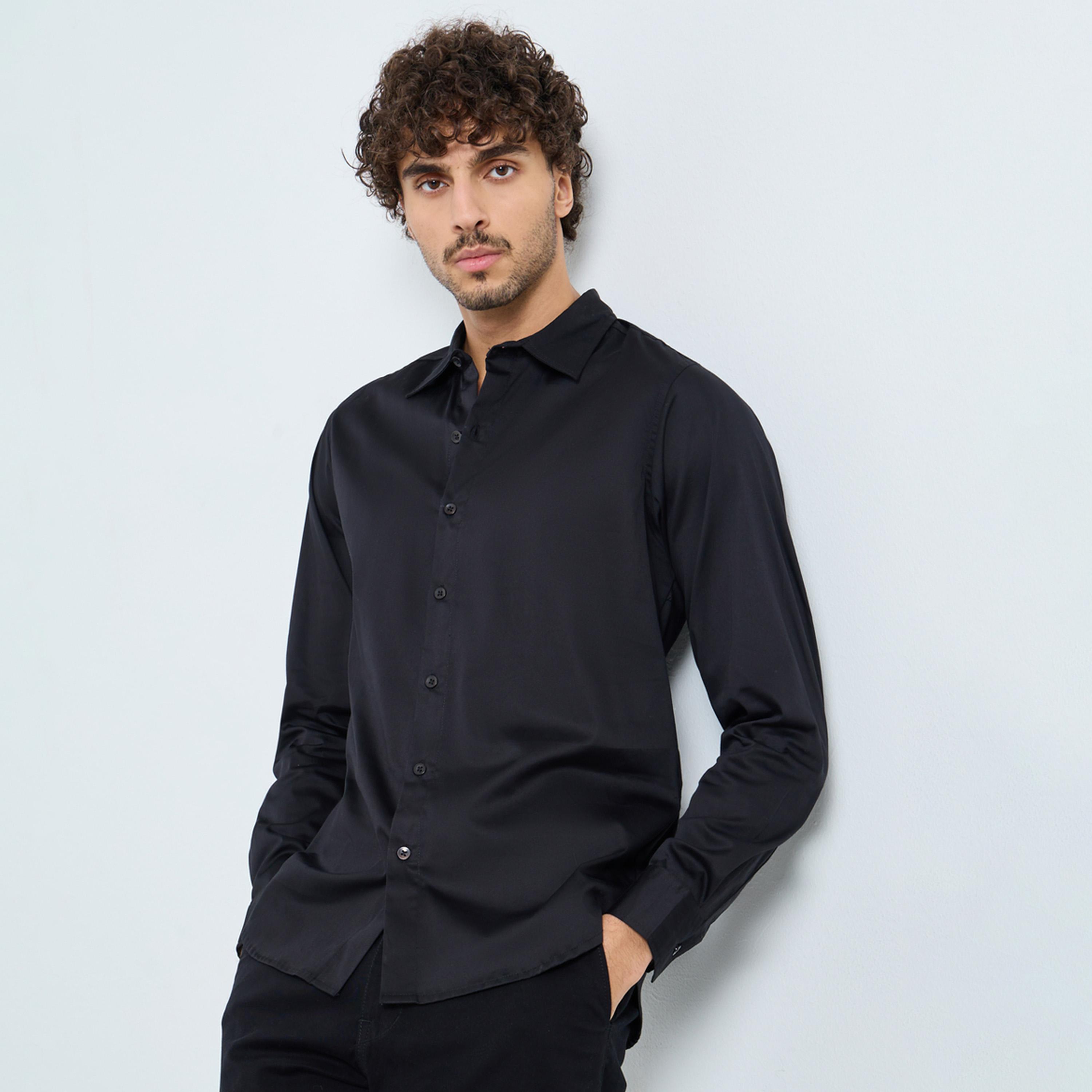 Styli Men Black Plain 60s Satin Long Sleeve Slim Fit Shirt-men-clothing-shirts-image-1