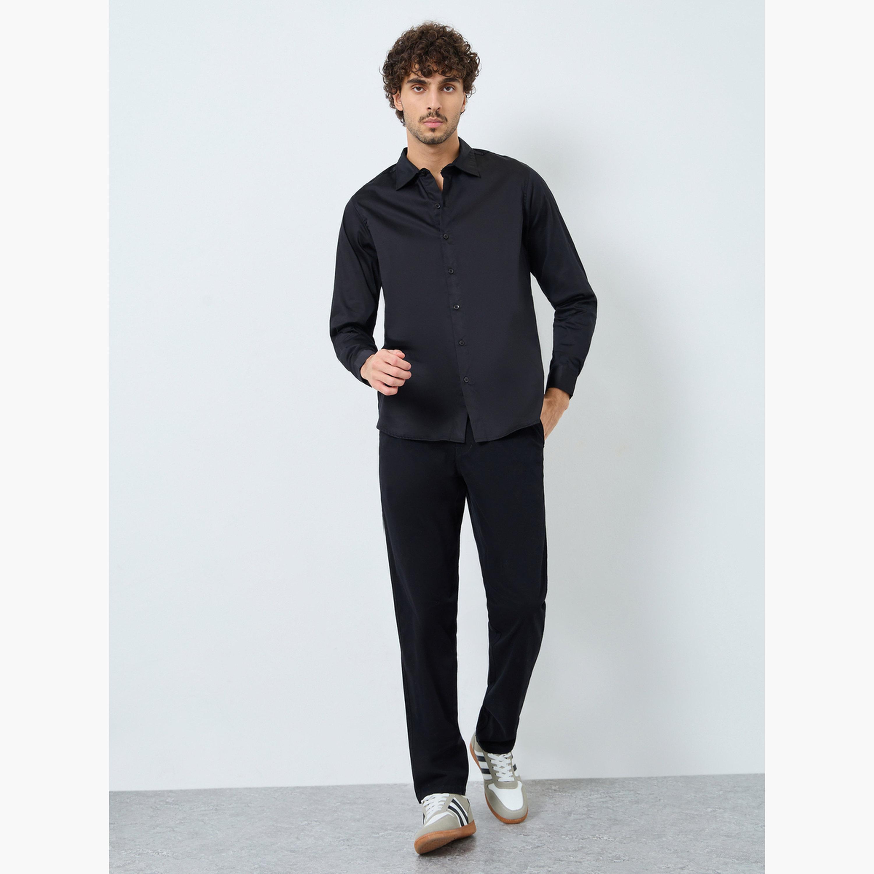 Styli Men Black Plain 60s Satin Long Sleeve Slim Fit Shirt-men-clothing-shirts-image-2