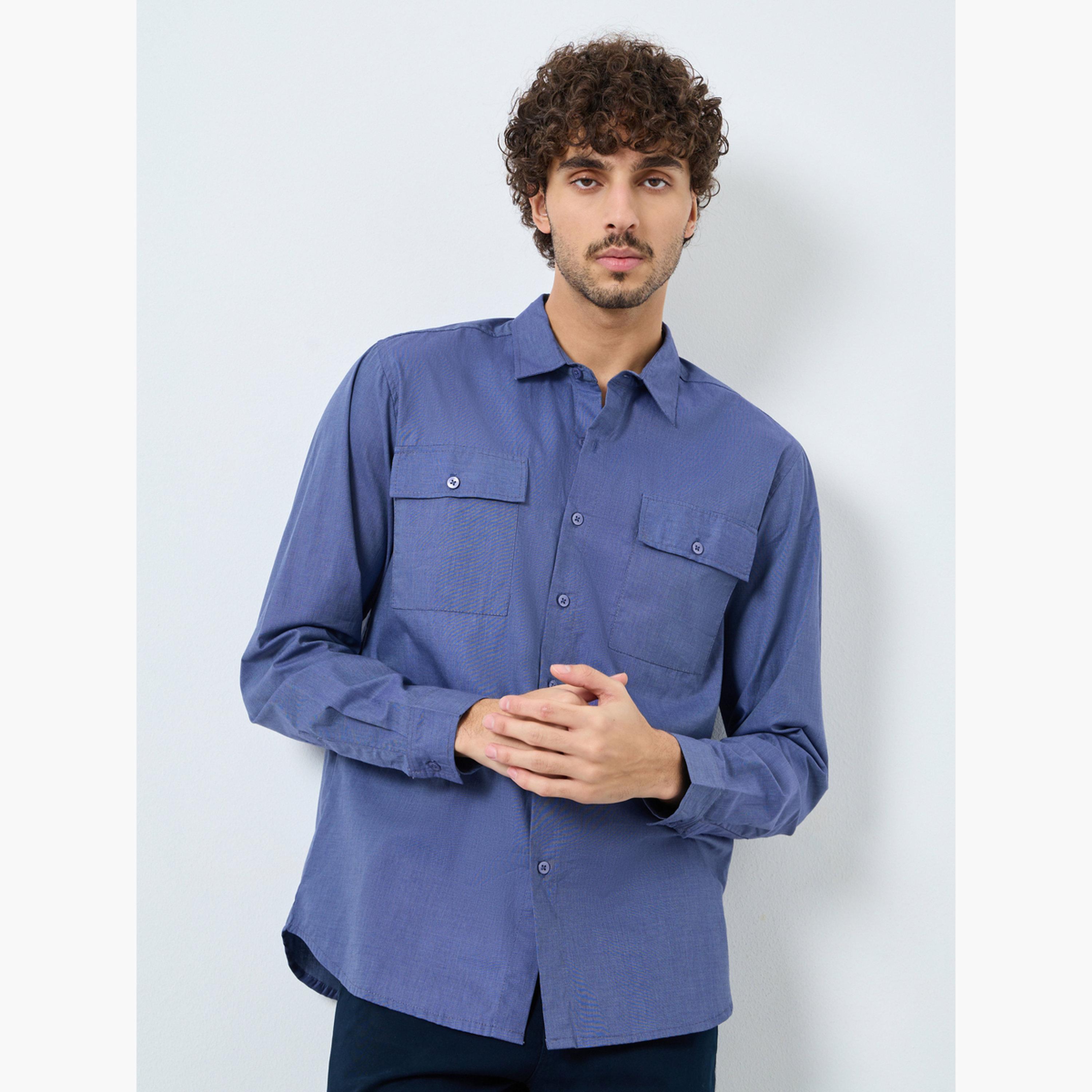 Styli Men Plain Blue Regular Fit Spread Collar Shirt-men-clothing-shirts-image-1