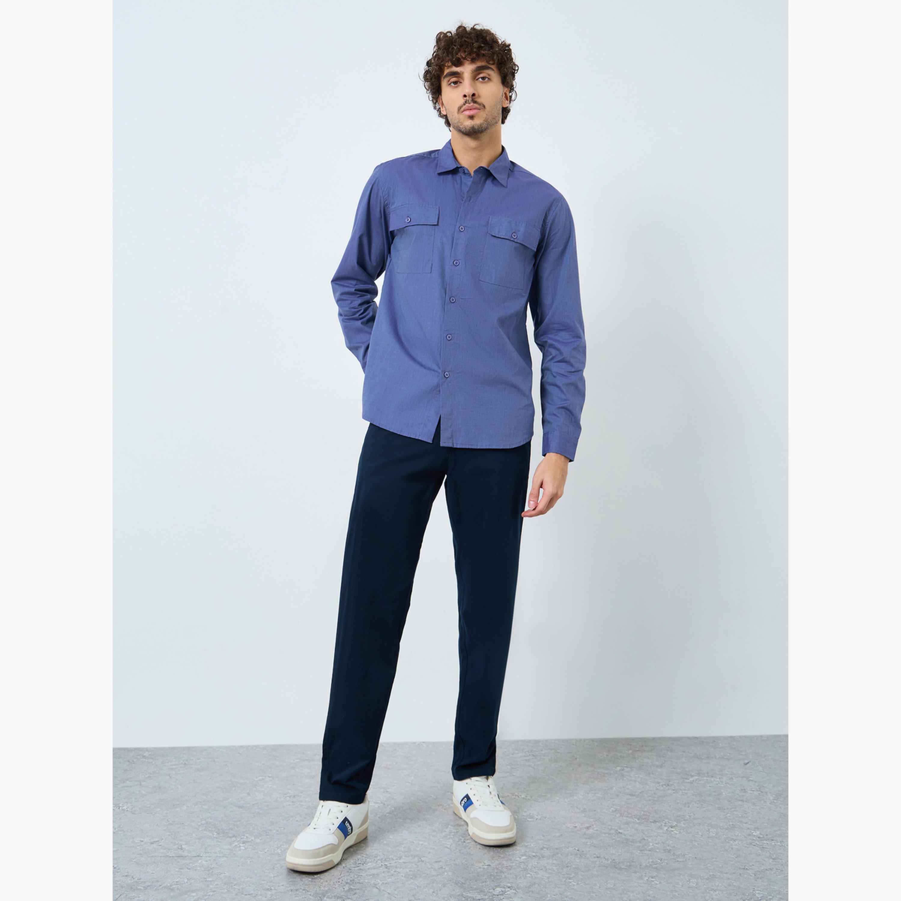 Styli Men Plain Blue Regular Fit Spread Collar Shirt-men-clothing-shirts-image-2