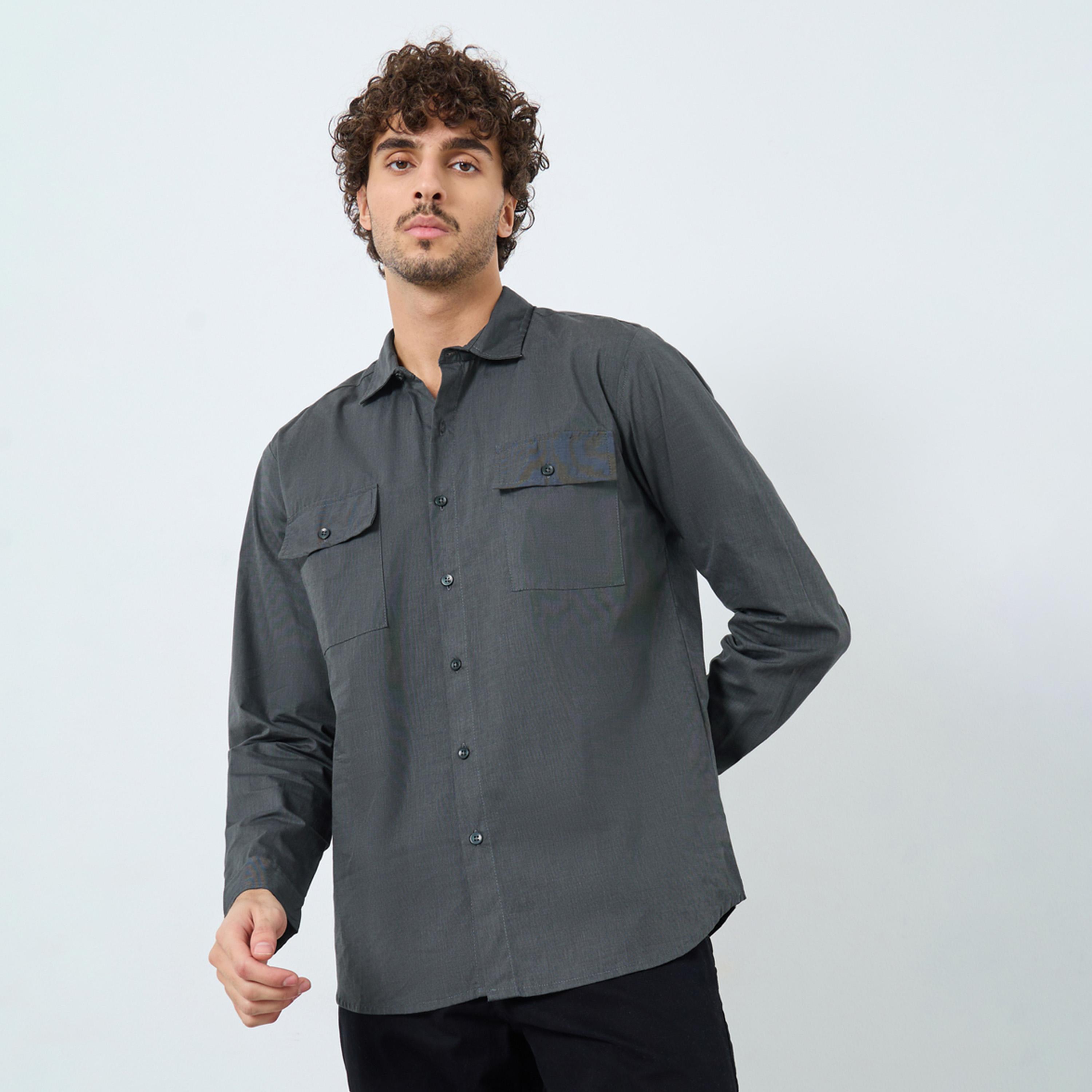 Styli Men Charcoal Chambray Long Sleeve Regular Fit Shirt-men-clothing-shirts-image-1