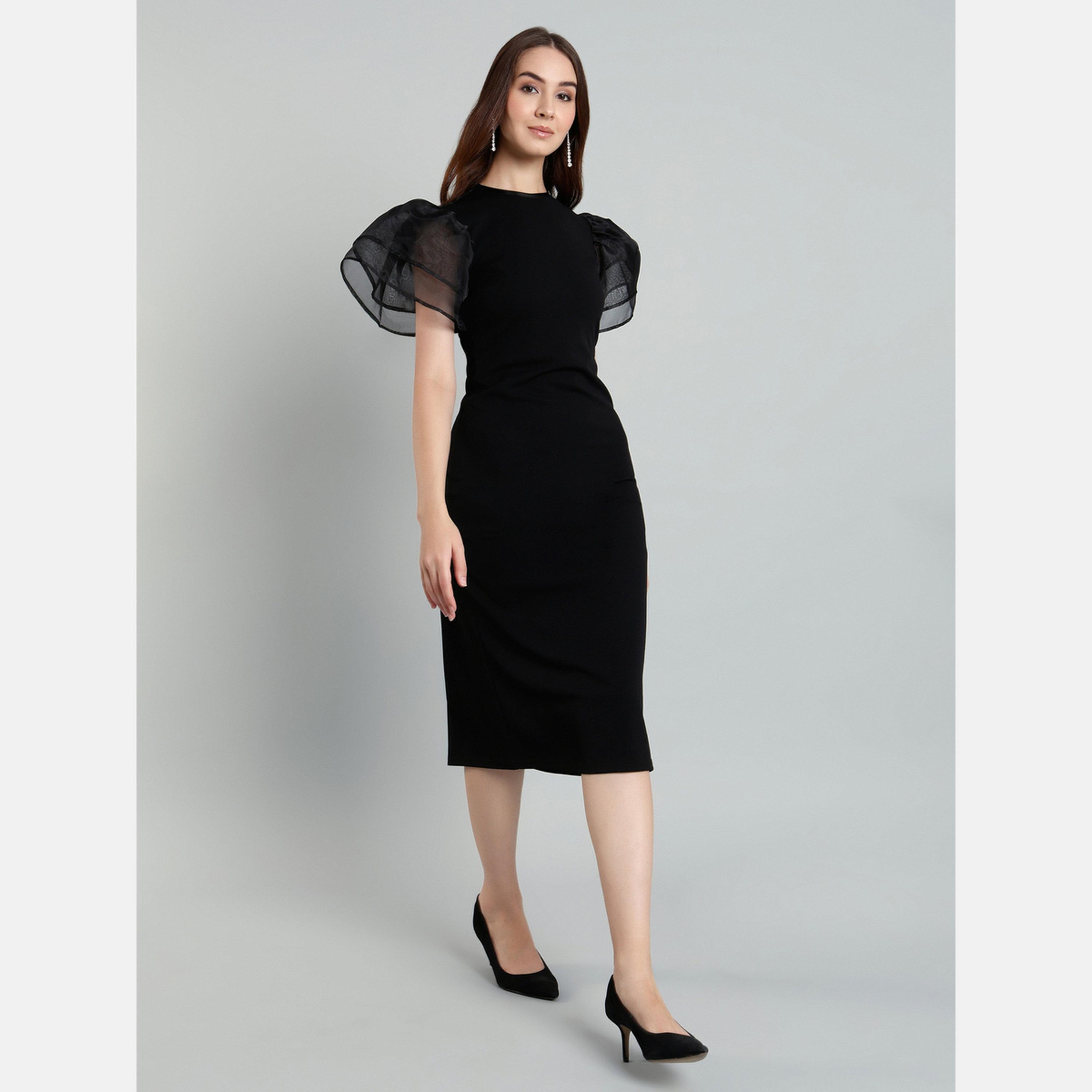Mish Black Sheath Midi Dress with Flutter Sleeves-women-clothing-dresses-image-1