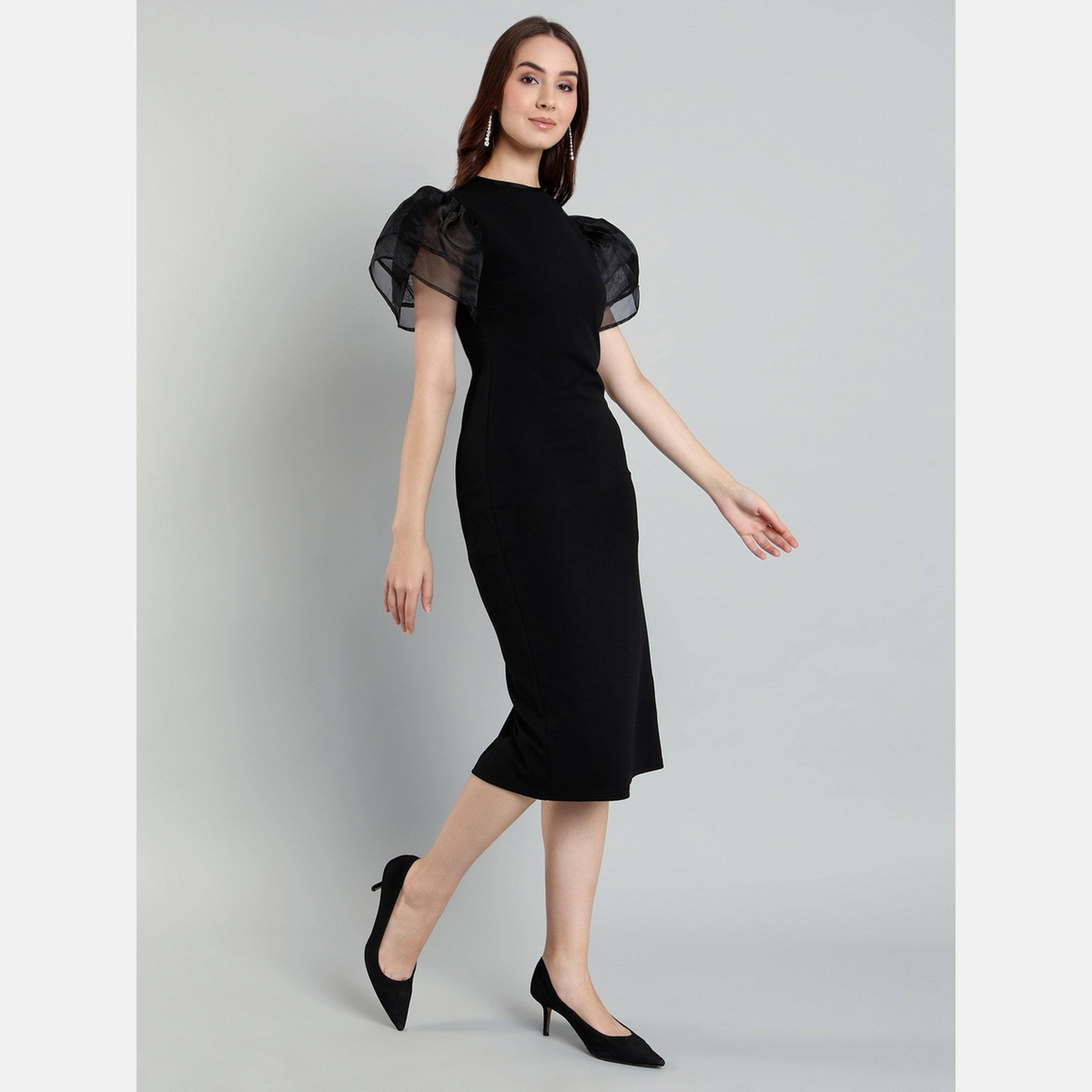 Mish Black Sheath Midi Dress with Flutter Sleeves-women-clothing-dresses-image-3