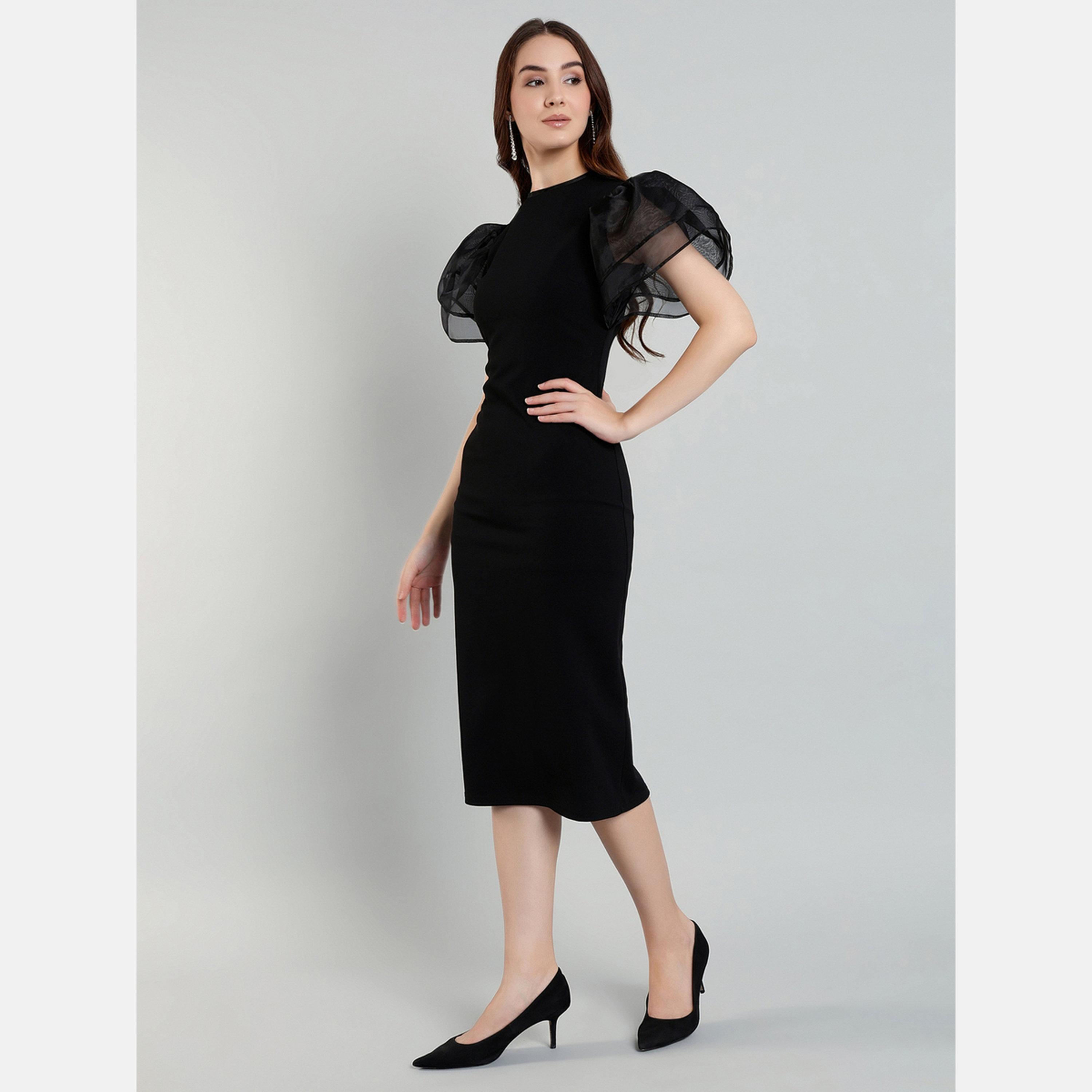 Mish Black Sheath Midi Dress with Flutter Sleeves-women-clothing-dresses-image-4
