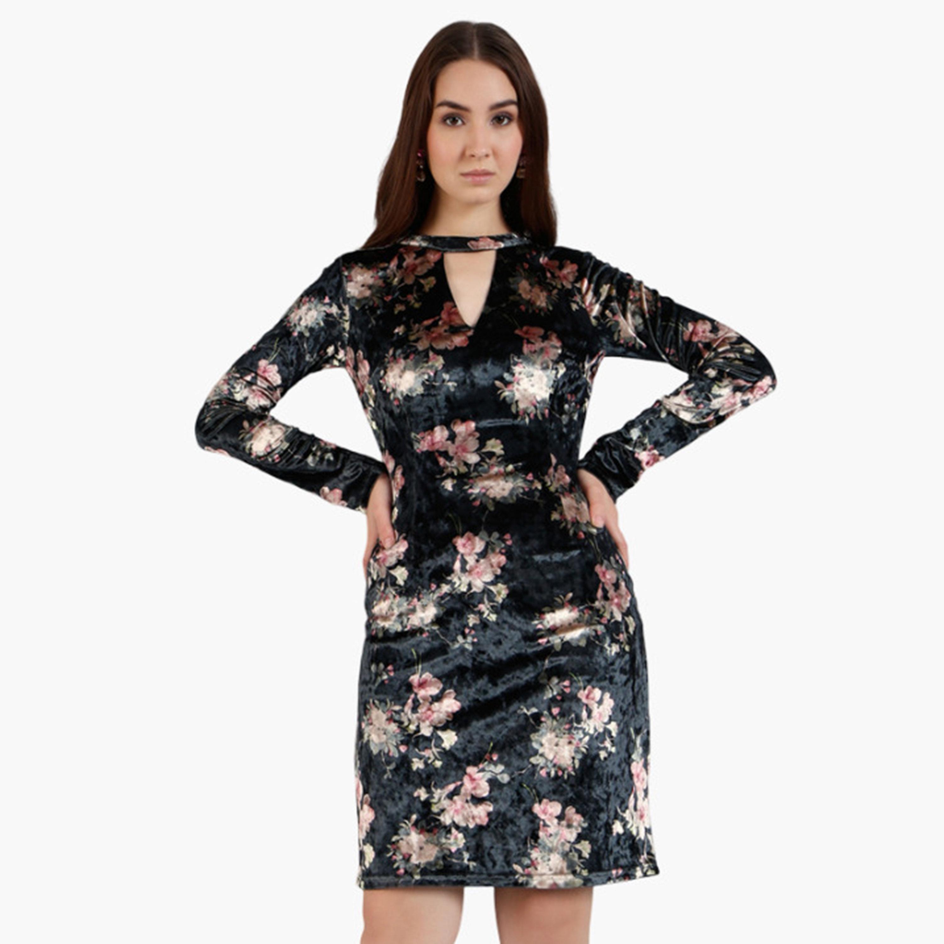 فستان مخمل بطول الركبة وطبعة زهور-women-clothing-dresses-image-1