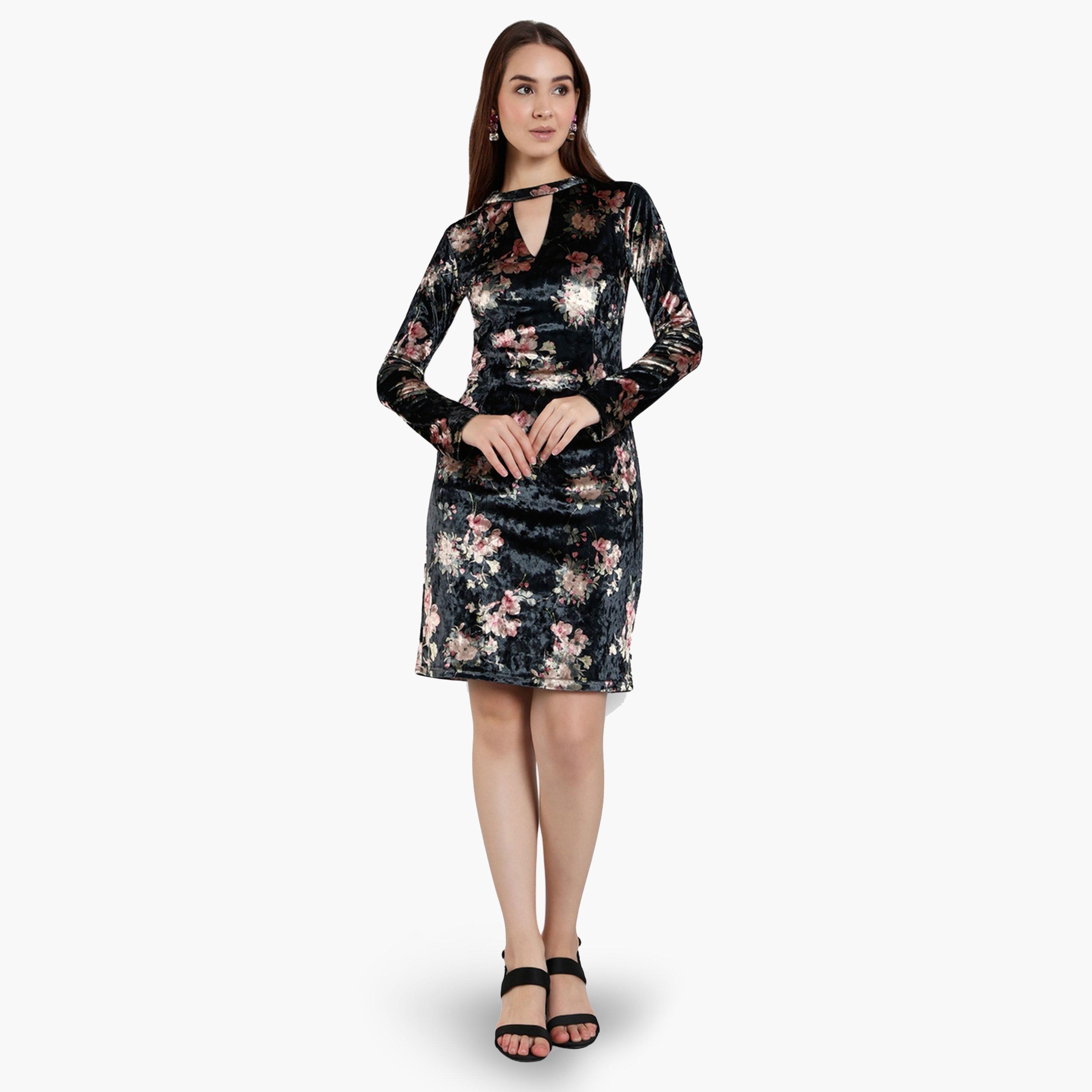 فستان مخمل بطول الركبة وطبعة زهور-women-clothing-dresses-image-2