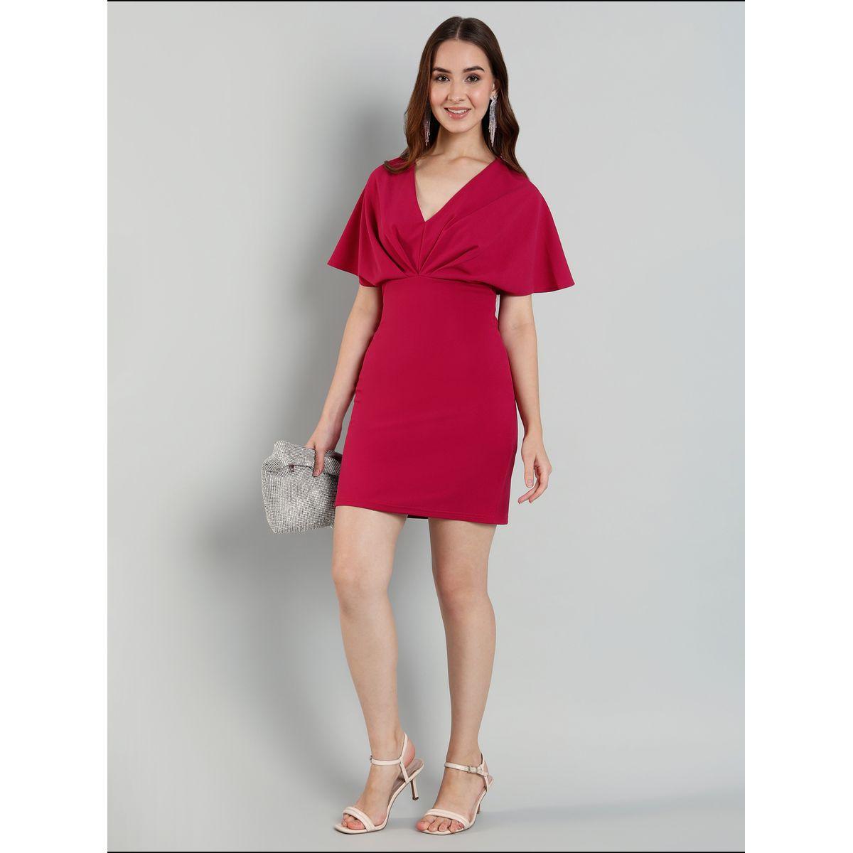 فستان قصير سادة بأكمام كيب وتفاصيل كسرات-women-clothing-dresses-image-1