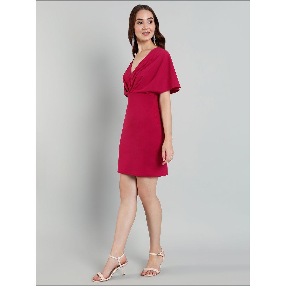 فستان قصير سادة بأكمام كيب وتفاصيل كسرات-women-clothing-dresses-image-4