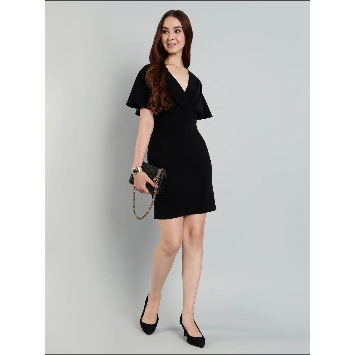 فستان قصير سادة بأكمام كيب وتفاصيل كسرات-women-clothing-dresses-image-1