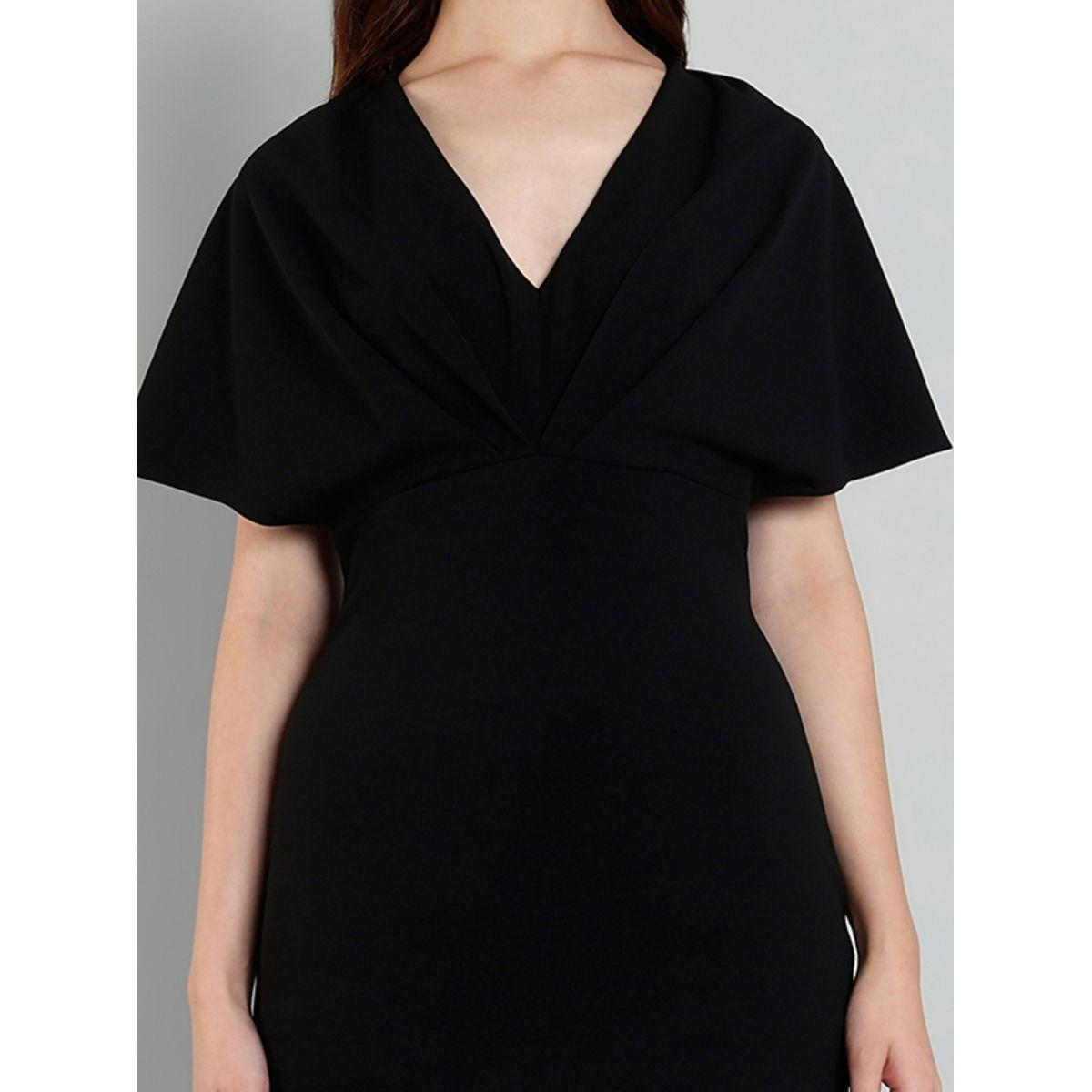 فستان قصير سادة بأكمام كيب وتفاصيل كسرات-women-clothing-dresses-image-2