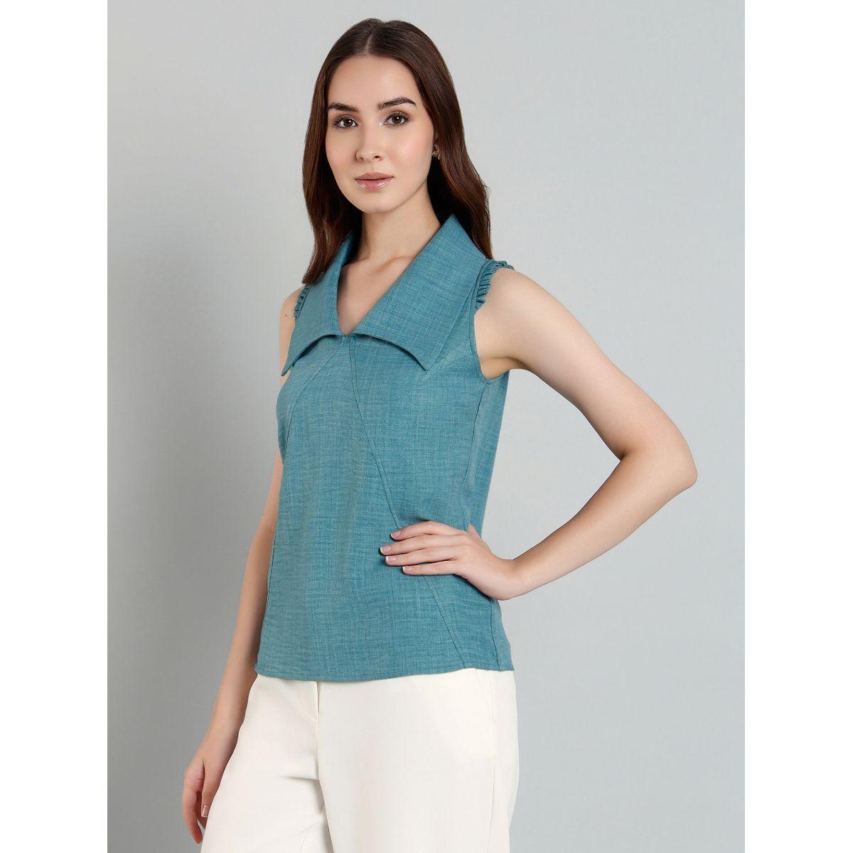 Mish Women Blue Plain Sleeveless Top with Wide Collar-women-clothing-shirtsandblouses-blouses-image-4