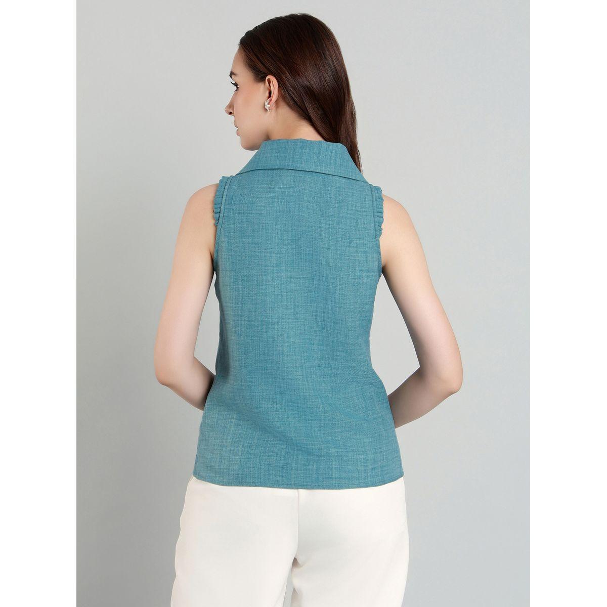 Mish Women Blue Plain Sleeveless Top with Wide Collar-women-clothing-shirtsandblouses-blouses-image-5