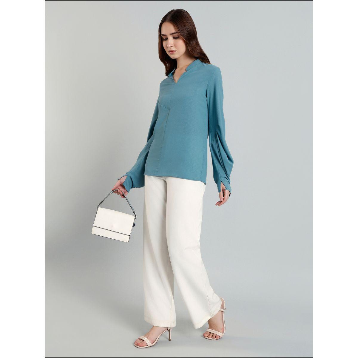 بلوزة سادة بأكمام بالون وياقة ماندارين-women-clothing-shirtsandblouses-blouses-image-1