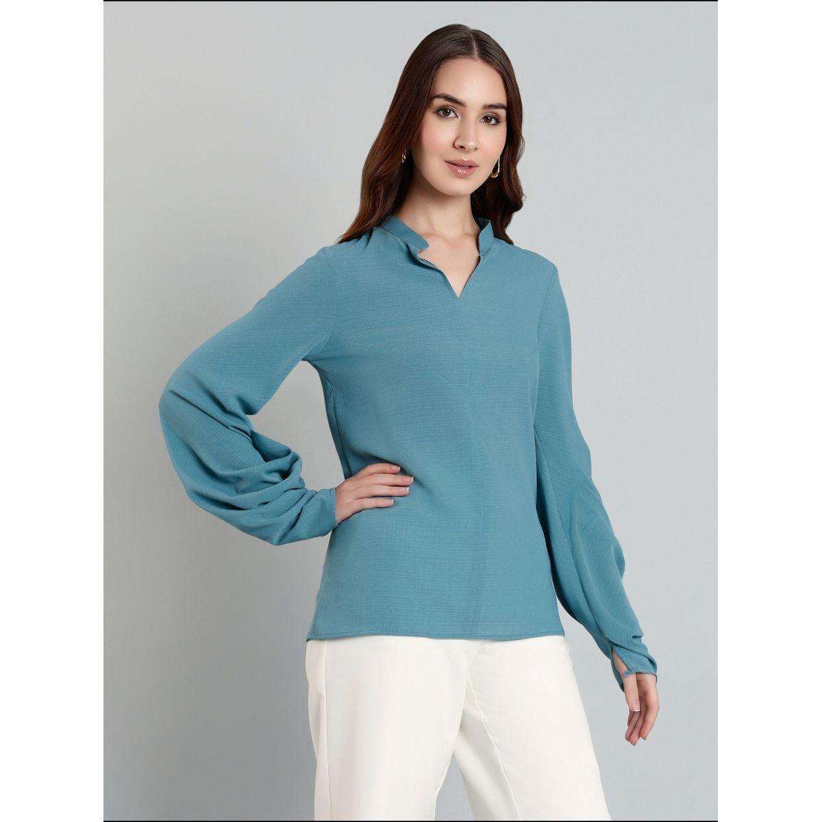 بلوزة سادة بأكمام بالون وياقة ماندارين-women-clothing-shirtsandblouses-blouses-image-3