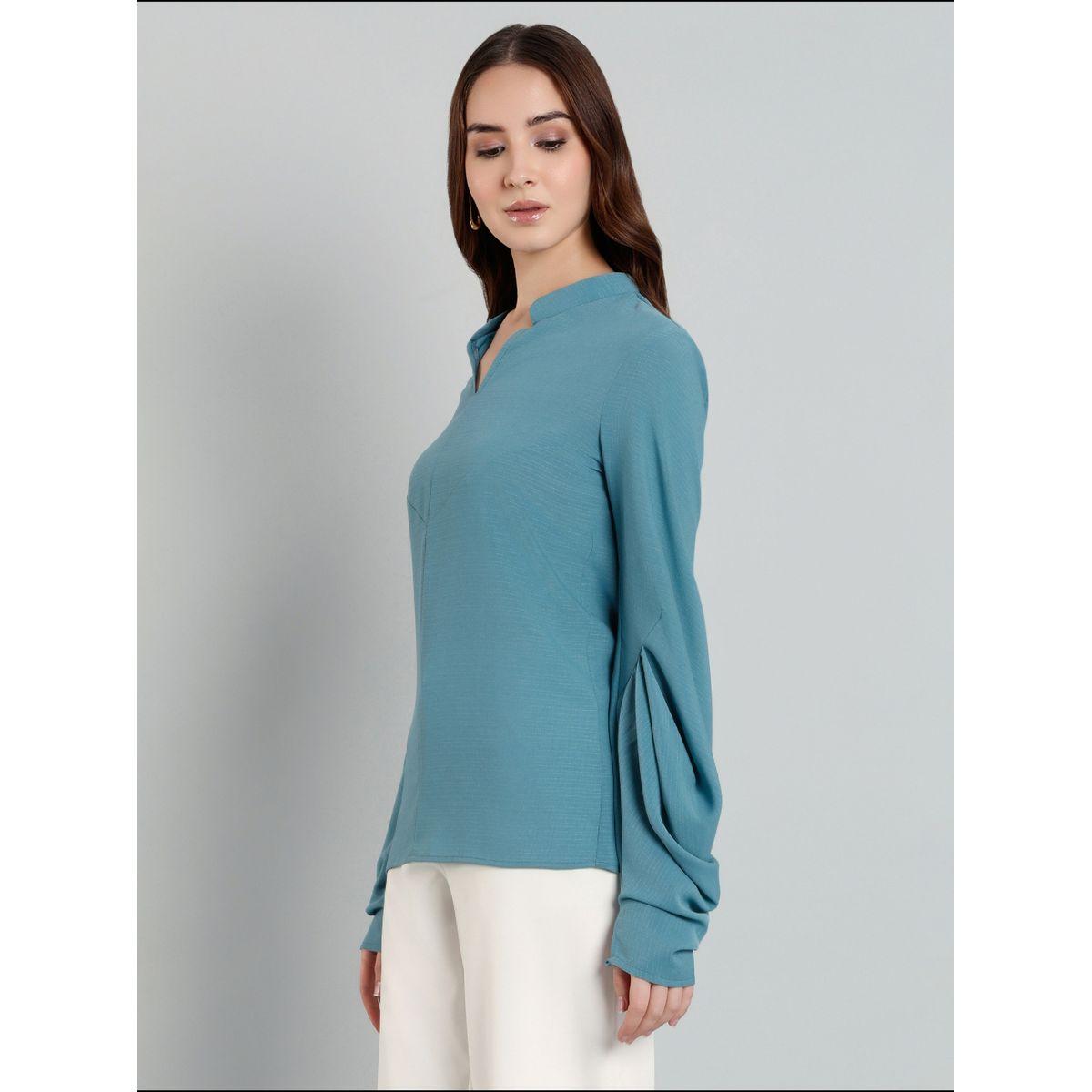 بلوزة سادة بأكمام بالون وياقة ماندارين-women-clothing-shirtsandblouses-blouses-image-4