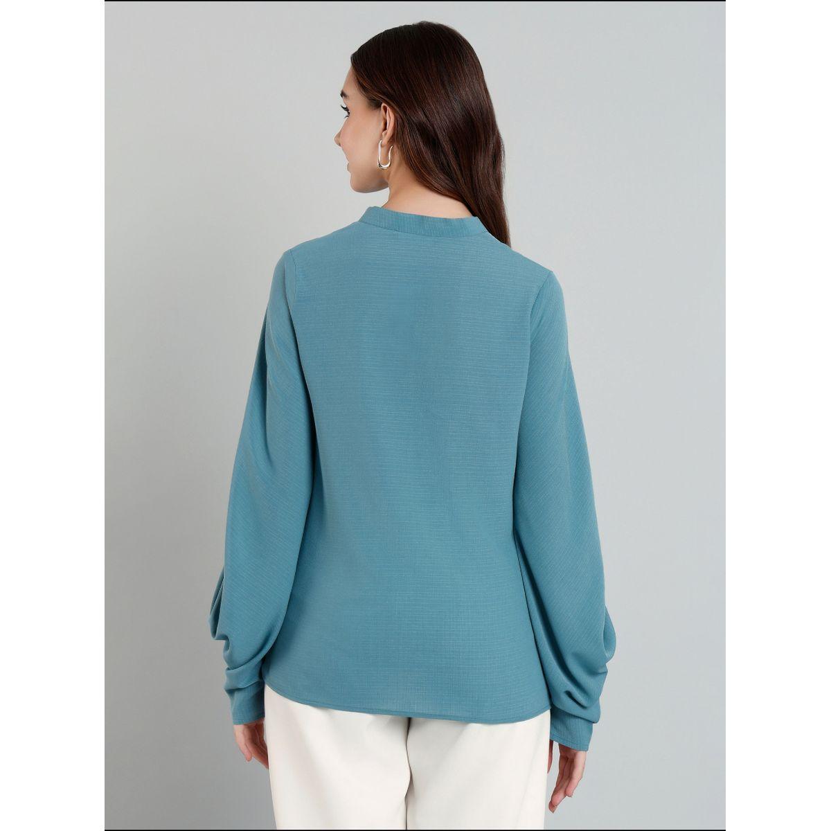بلوزة سادة بأكمام بالون وياقة ماندارين-women-clothing-shirtsandblouses-blouses-image-5