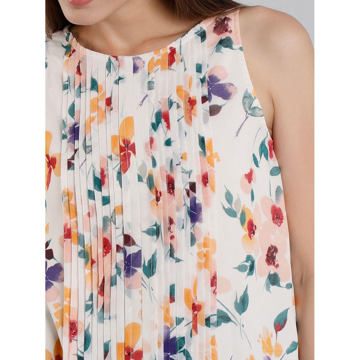 Mish Women White Floral Print Sleeveless Top with Pin Tuck Detail-women-clothing-shirtsandblouses-blouses-image-2