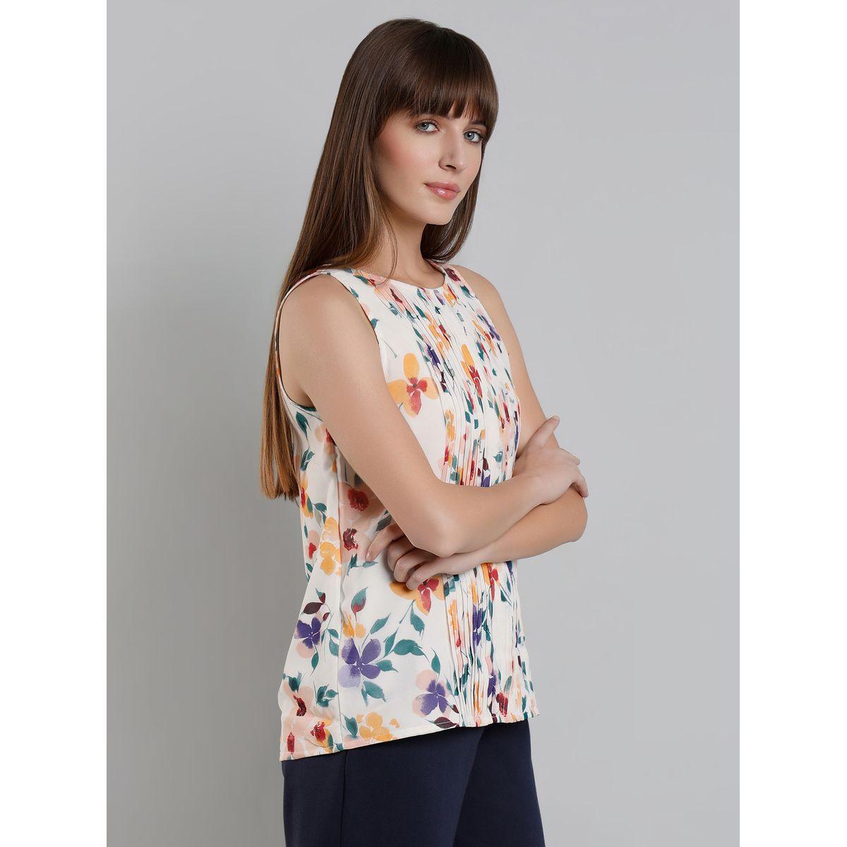 Mish Women White Floral Print Sleeveless Top with Pin Tuck Detail-women-clothing-shirtsandblouses-blouses-image-3
