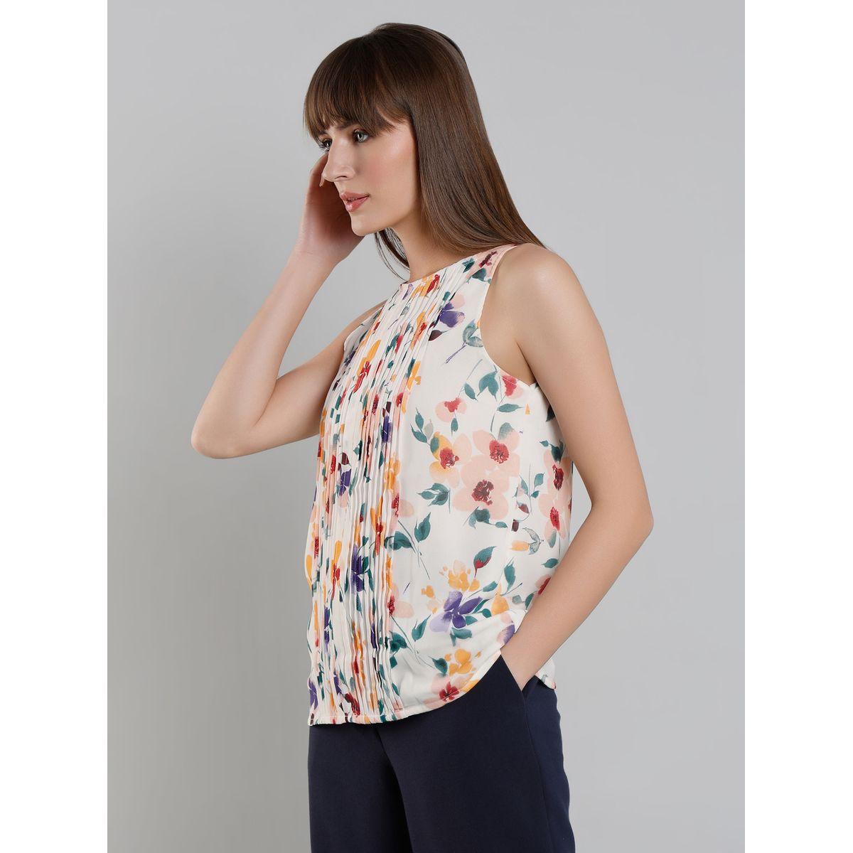 Mish Women White Floral Print Sleeveless Top with Pin Tuck Detail-women-clothing-shirtsandblouses-blouses-image-4