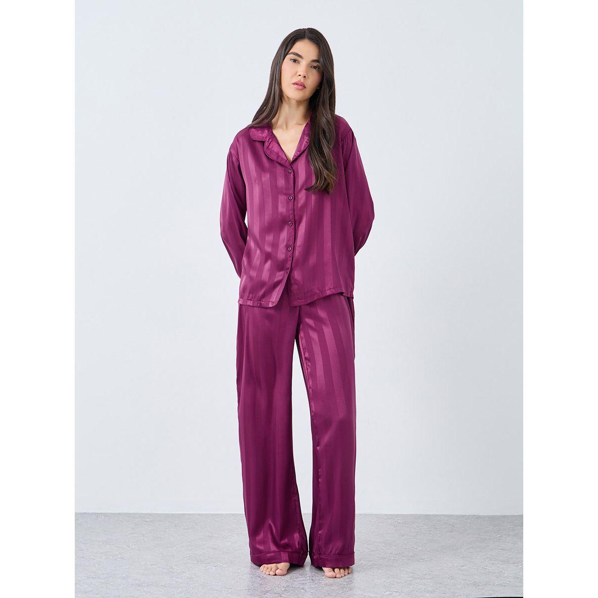 Styli Satin Jacquard Striped Piped Shirt and Pyjama Set-women-clothing-nightwear-pyjamas-longsets-image-2