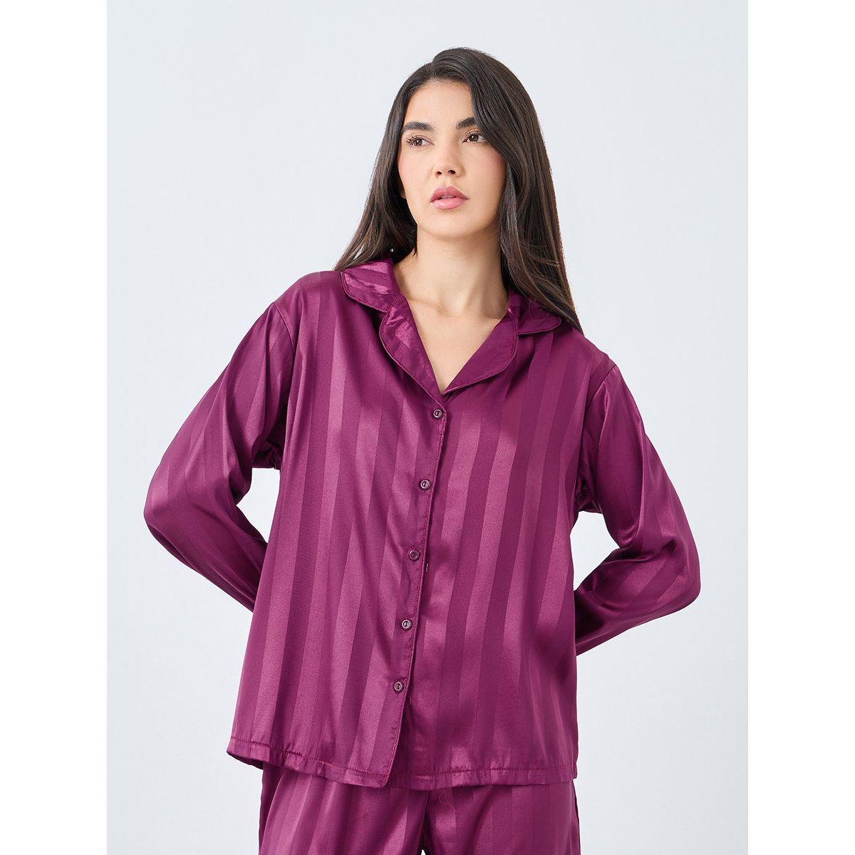 Styli Satin Jacquard Striped Piped Shirt and Pyjama Set-women-clothing-nightwear-pyjamas-longsets-image-3