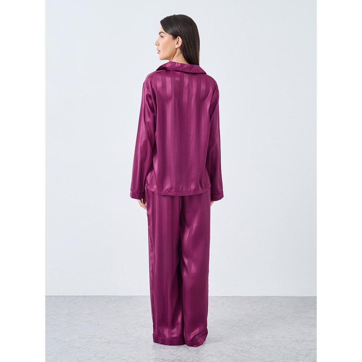 Styli Satin Jacquard Striped Piped Shirt and Pyjama Set-women-clothing-nightwear-pyjamas-longsets-image-5