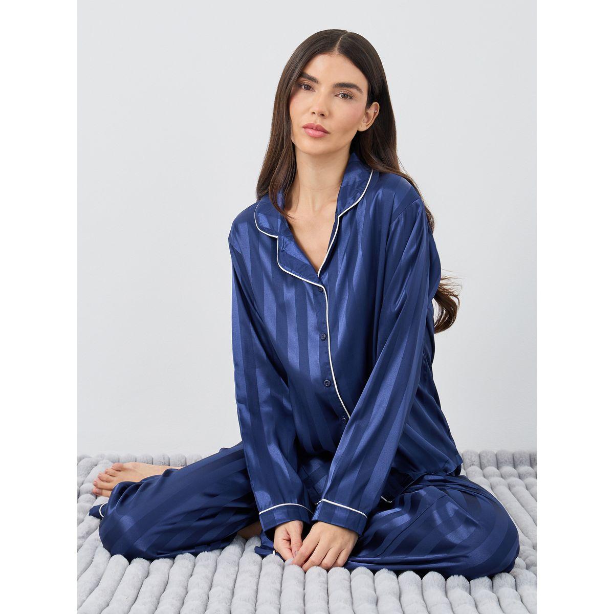 Styli Satin Jacquard Striped Piped Shirt and Pyjama Set-women-clothing-nightwear-pyjamas-longsets-image-1