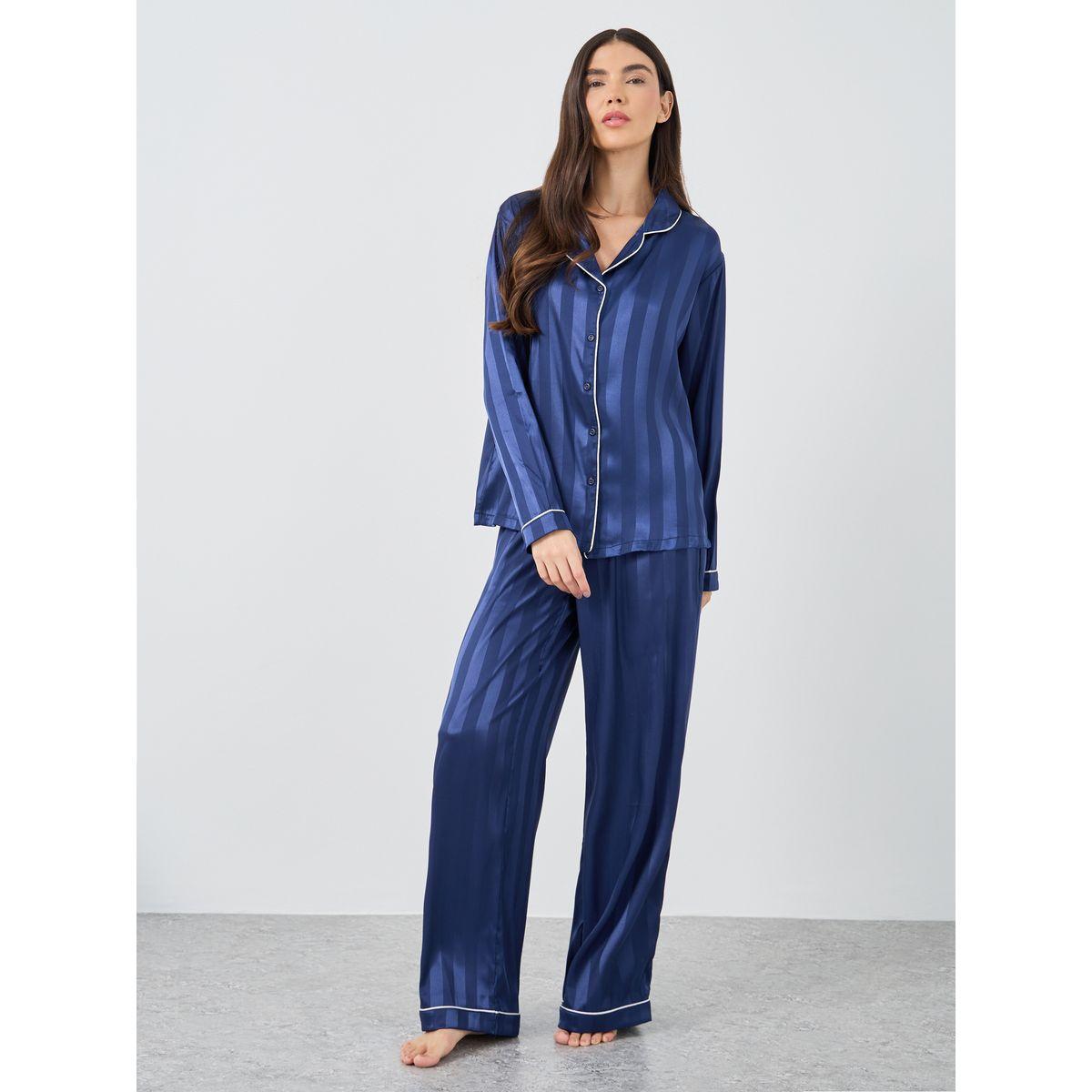 Styli Satin Jacquard Striped Piped Shirt and Pyjama Set-women-clothing-nightwear-pyjamas-longsets-image-2