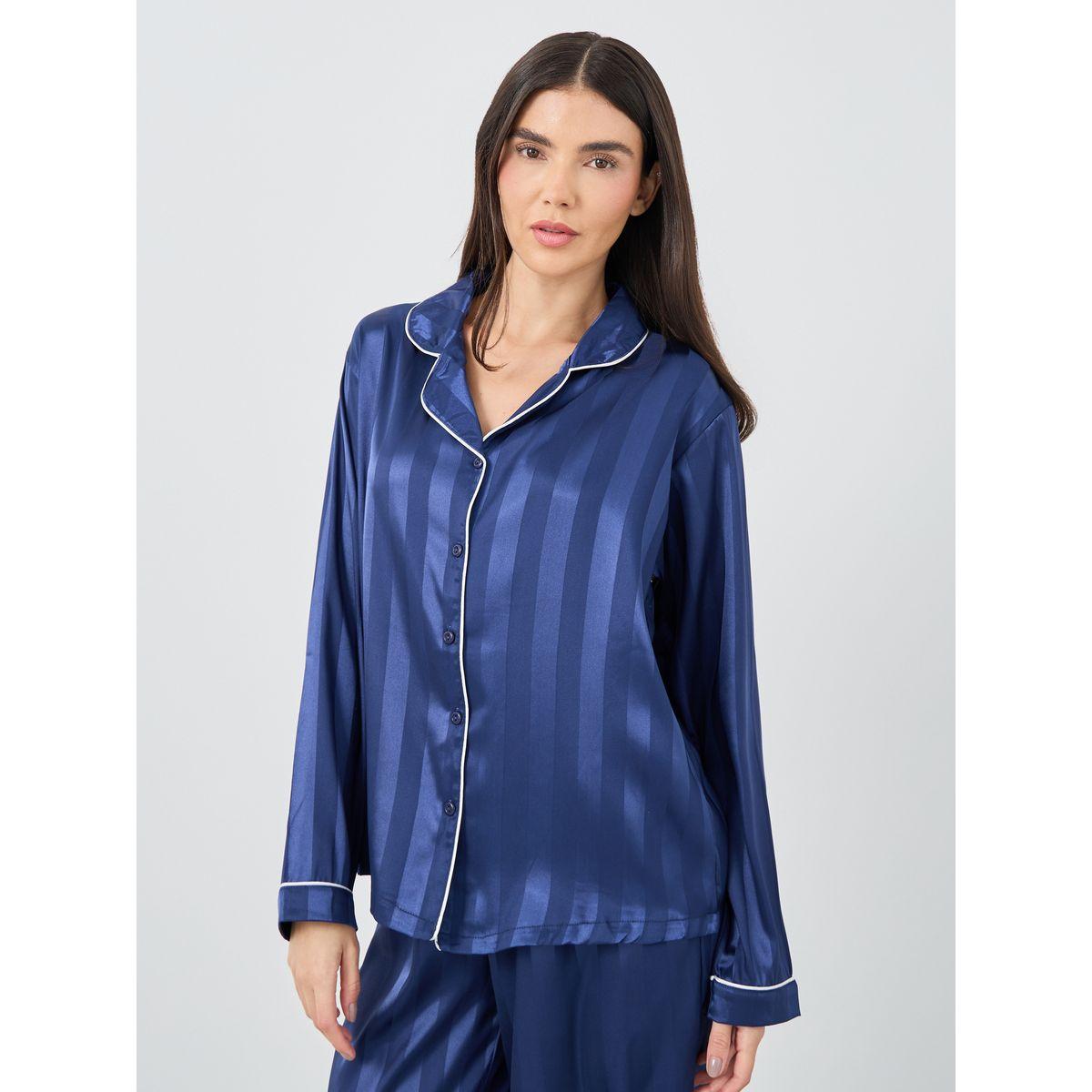 Styli Satin Jacquard Striped Piped Shirt and Pyjama Set-women-clothing-nightwear-pyjamas-longsets-image-3