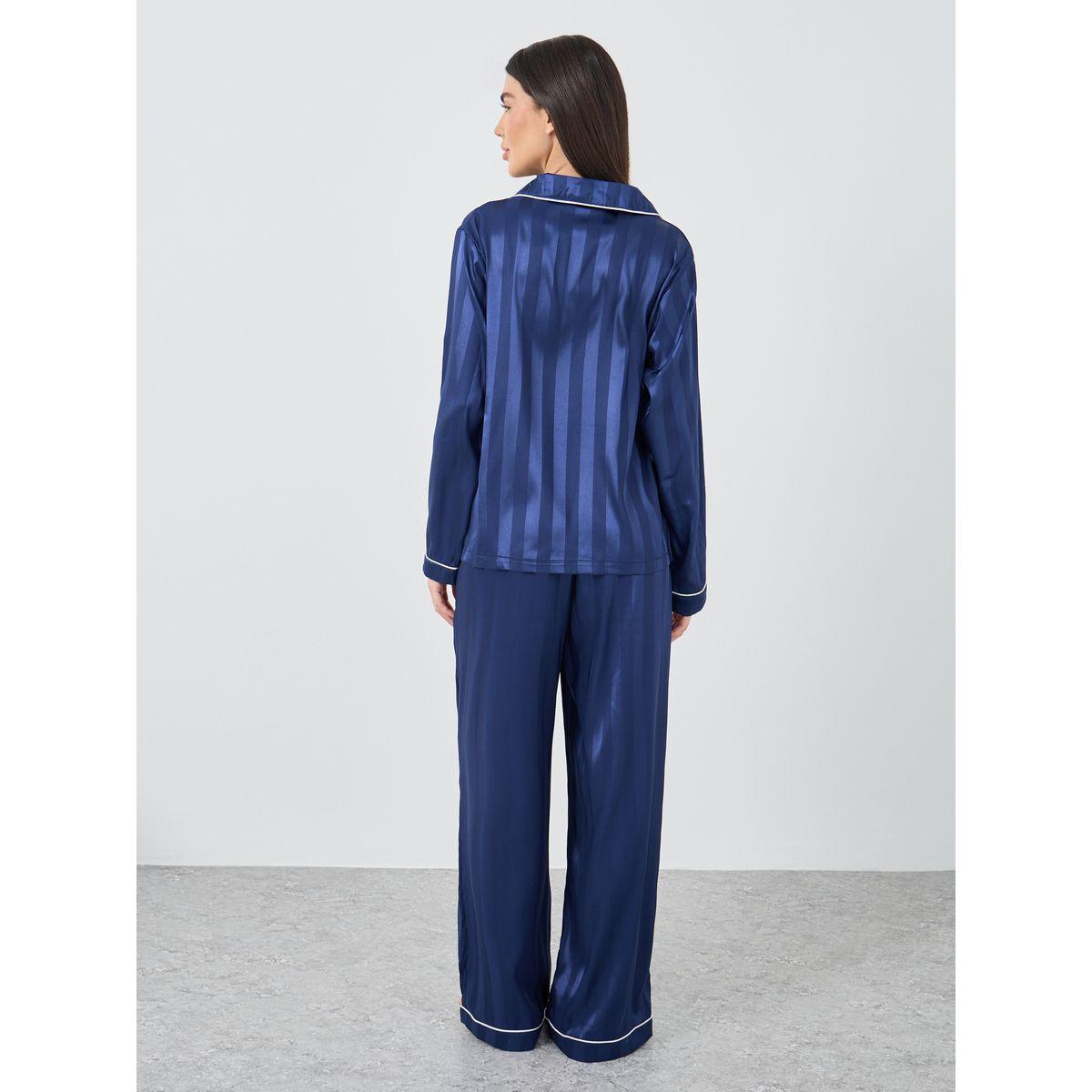 Styli Satin Jacquard Striped Piped Shirt and Pyjama Set-women-clothing-nightwear-pyjamas-longsets-image-6