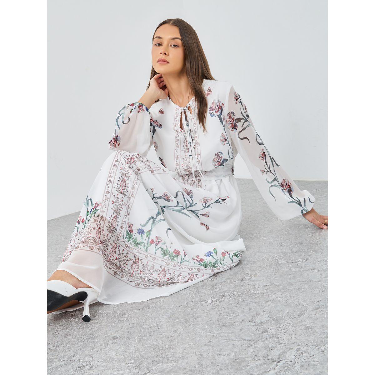 فستان طويل بطبعة زهور وياقة بأربطة-women-clothing-dresses-image-1