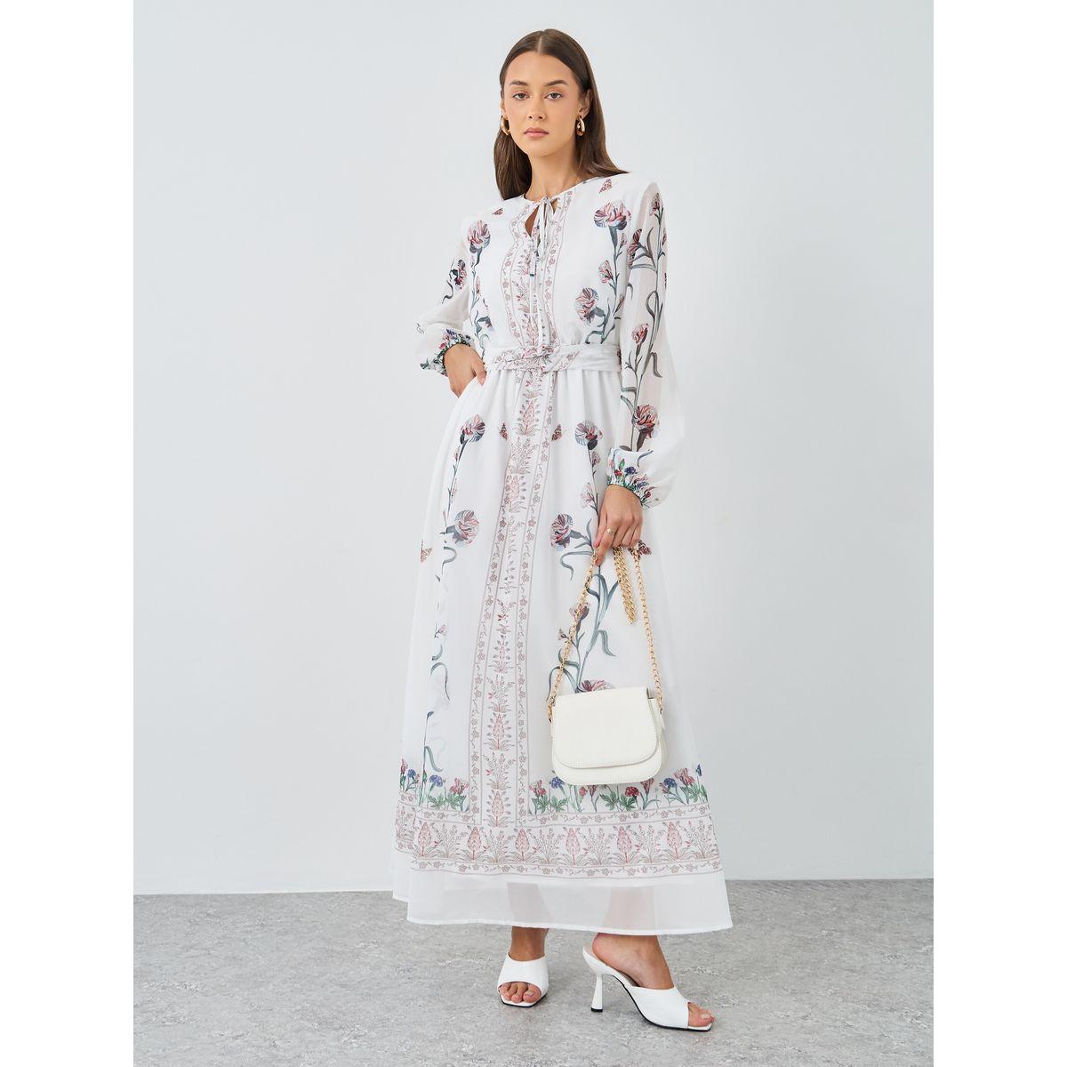 فستان طويل بطبعة زهور وياقة بأربطة-women-clothing-dresses-image-2