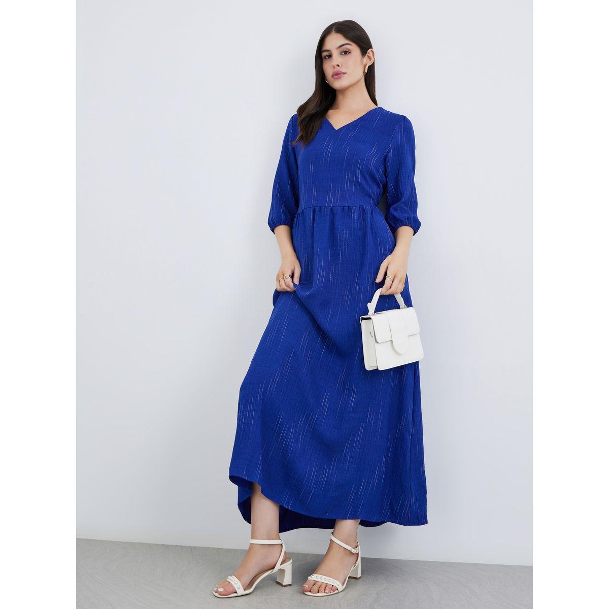 Styli Blue Self-Design 3/4 Sleeves Maxi Dress-women-clothing-dresses-image-1