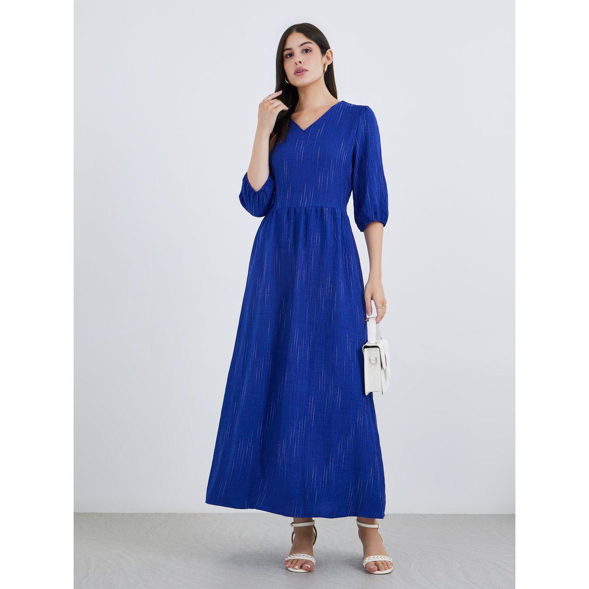 Styli Blue Self-Design 3/4 Sleeves Maxi Dress-women-clothing-dresses-image-2