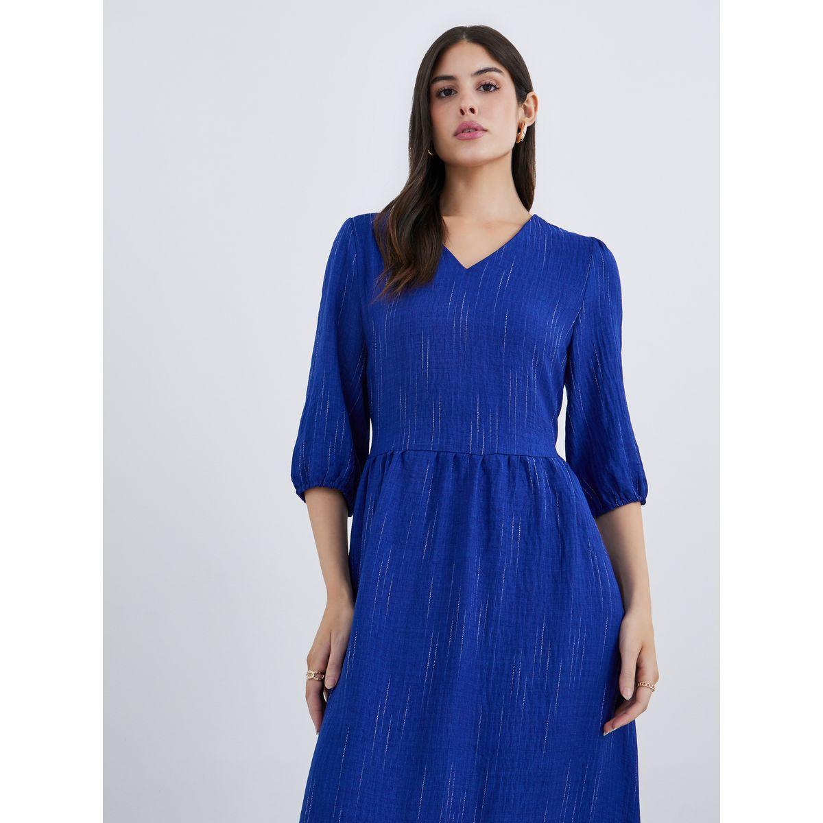 Styli Blue Self-Design 3/4 Sleeves Maxi Dress-women-clothing-dresses-image-3