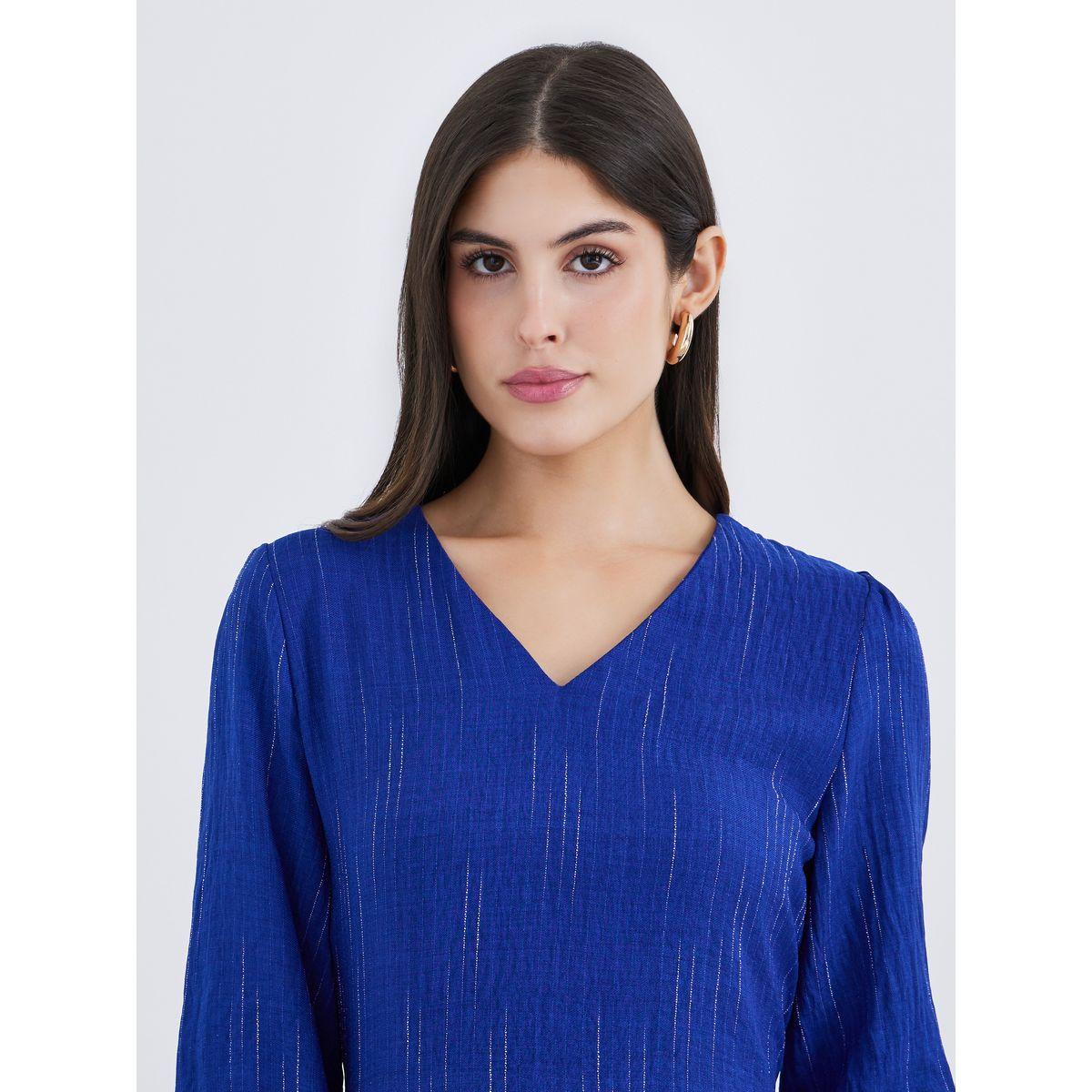 Styli Blue Self-Design 3/4 Sleeves Maxi Dress-women-clothing-dresses-image-4