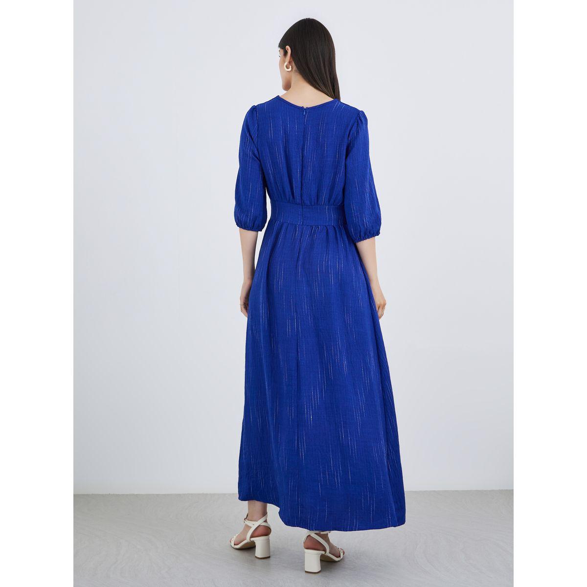 Styli Blue Self-Design 3/4 Sleeves Maxi Dress-women-clothing-dresses-image-5