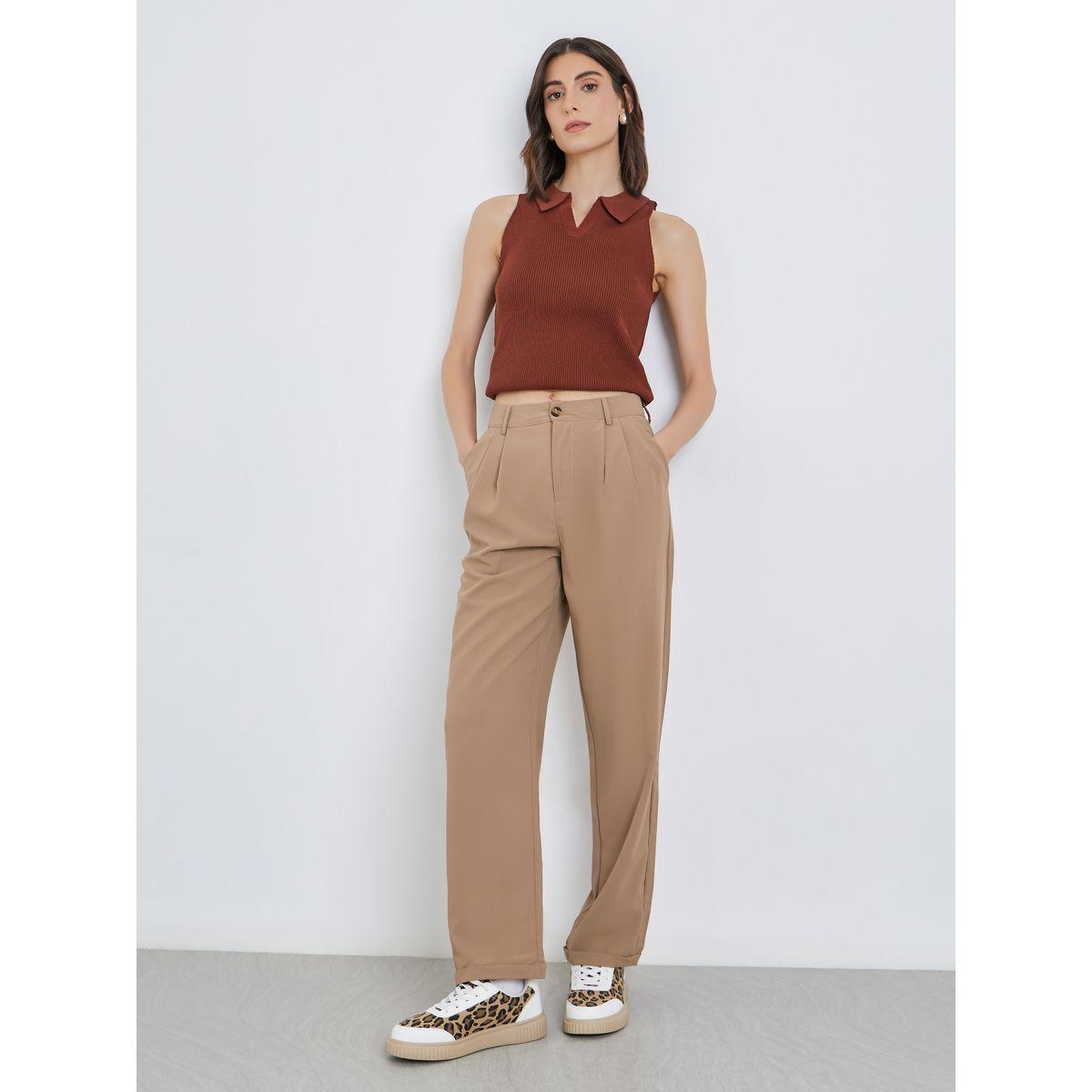 بنطال سادة بخصر متوسط مع تفاصيل جيوب-women-clothing-bottoms-trousers-image-1