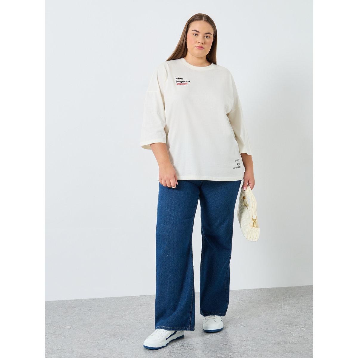Styli Plus Size Cream Slogan Print T-Shirt-women-clothing-tshirts-image-2